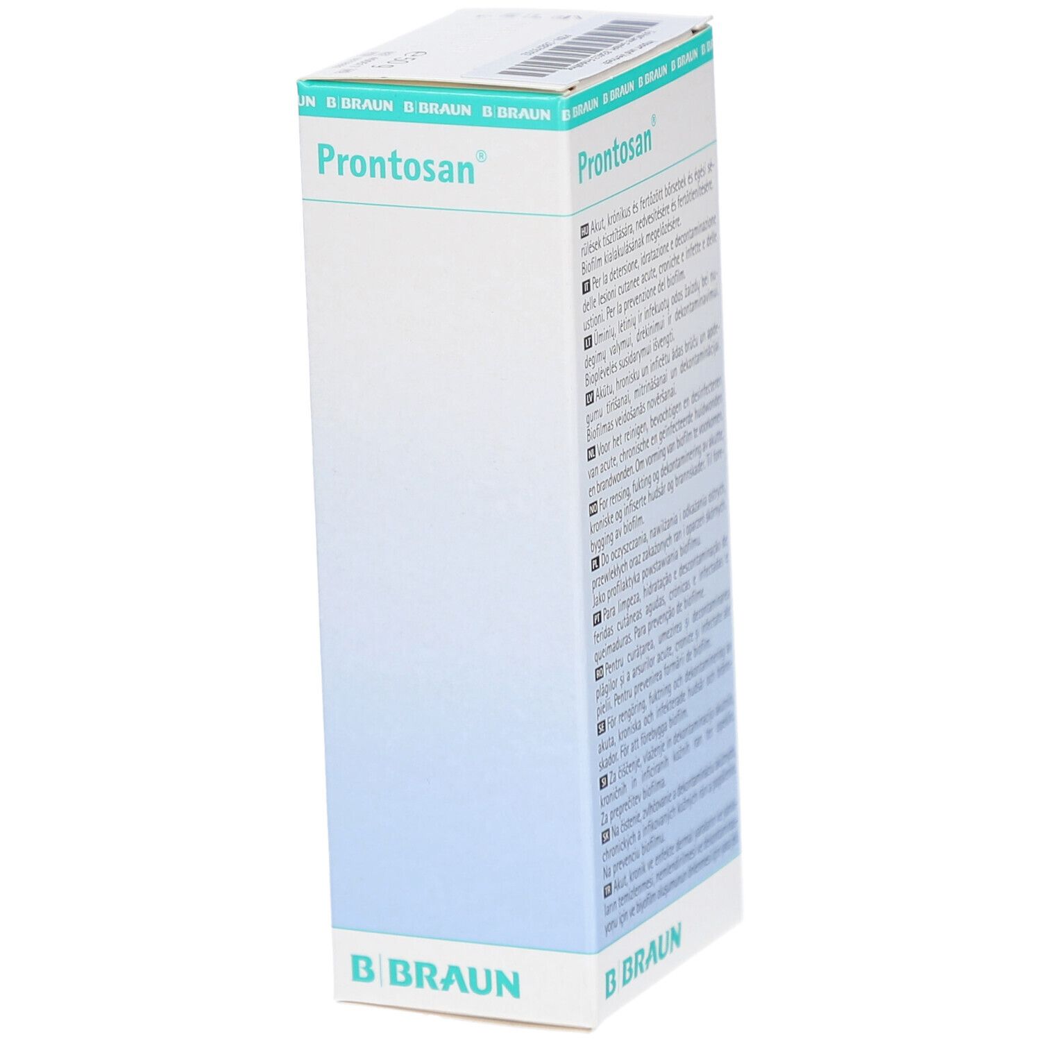 Schrägansicht der Prontosan® Wound Gel X Verpackung. Weiß mit grünen Akzenten. B. Braun Logo.
