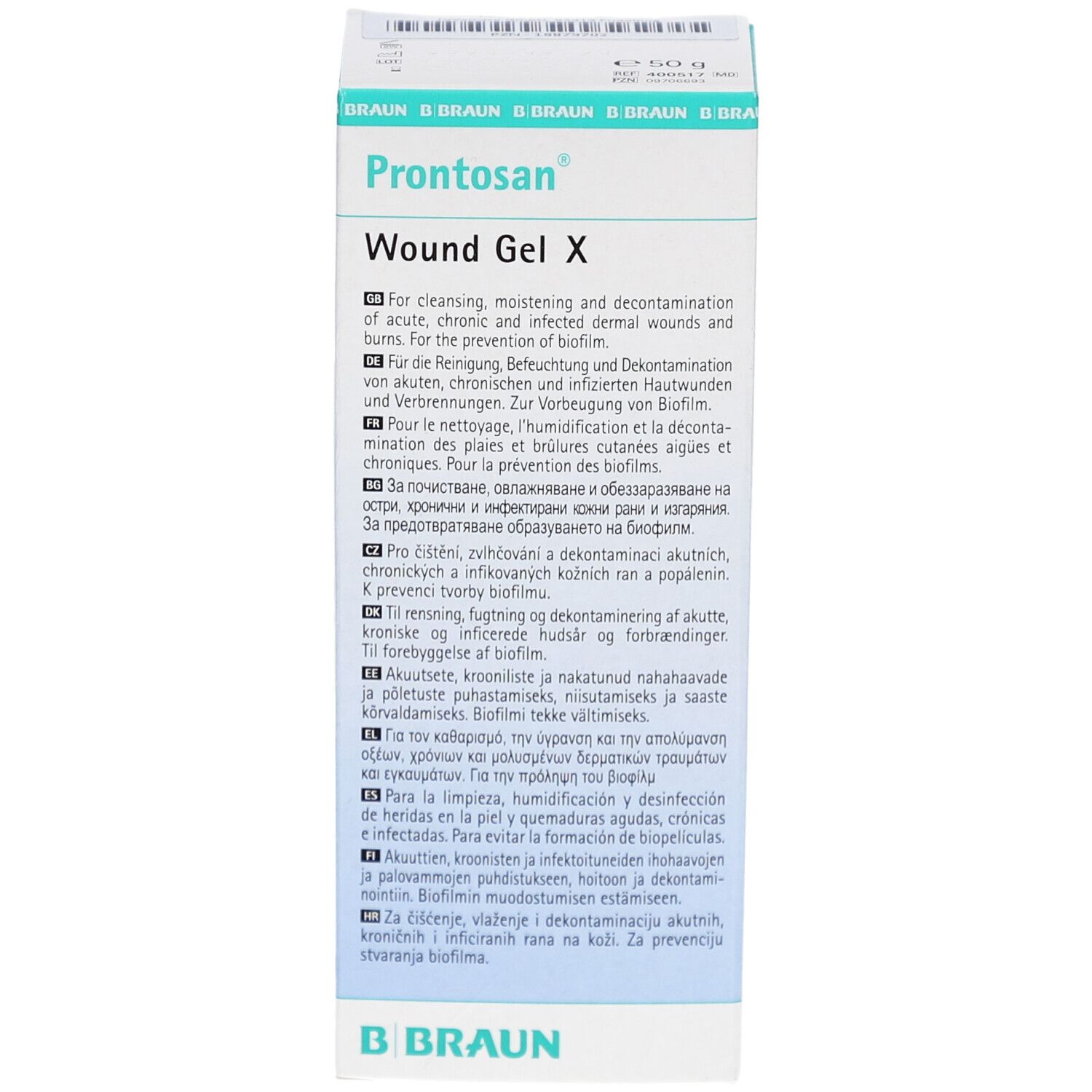 Vorderseite der Prontosan® Wound Gel X Verpackung. Text in mehreren Sprachen. B. Braun Logo.