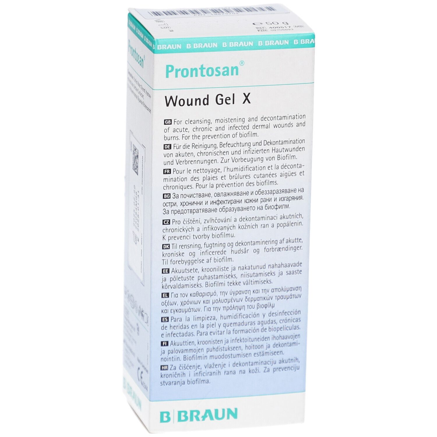 Vorderseite der Prontosan® Wound Gel X Verpackung. Text in mehreren Sprachen. B. Braun Logo.