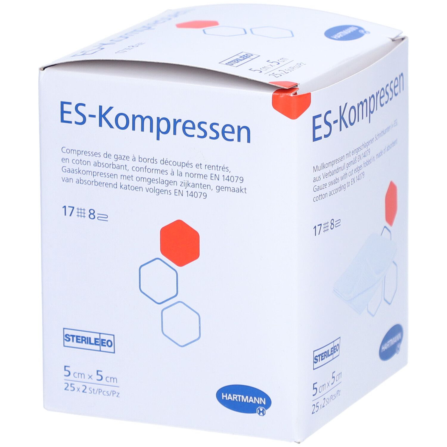 Verpackung mit ES-Kompressen, steril. 5x5 cm, 25 Stück. Marke Hartmann. Aufdrucke: ES-Kompressen, Steril, 17x8.