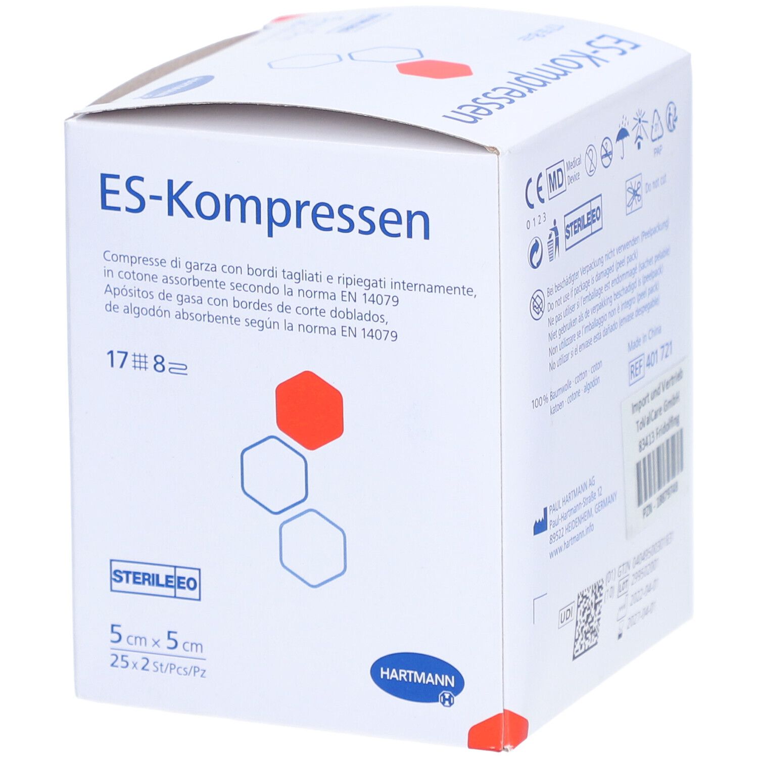 Verpackung mit ES-Kompressen, steril. 5x5 cm, 25 Stück. Marke Hartmann. Aufdrucke: ES-Kompressen, Steril, 17x8.