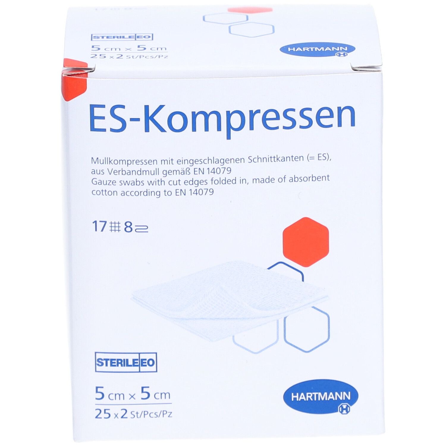Verpackung mit ES-Kompressen, steril. 5x5 cm, 25 Stück. Marke Hartmann. Aufdrucke: ES-Kompressen, Steril, 17x8.