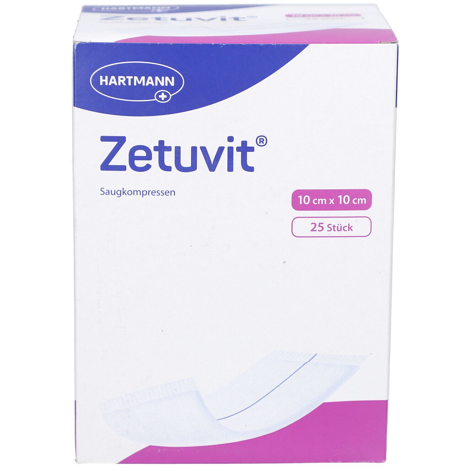 Hartmann Zetuvit Saugkompressen-Box. Enthält 25 Stück, 10 cm x 10 cm. Weiß, blau und pinkfarbenes Design. Hartmann-Logo.