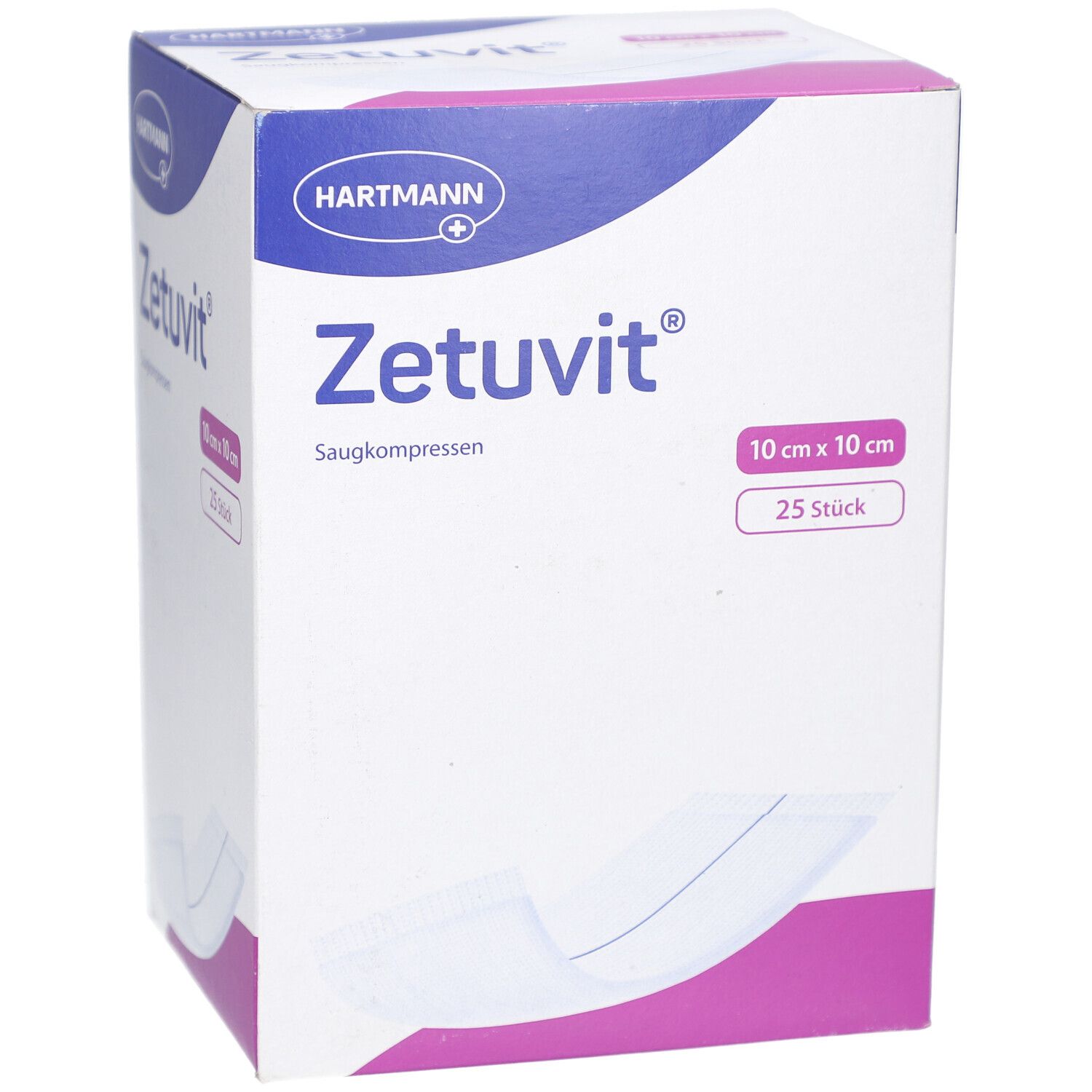 Hartmann Zetuvit Saugkompressen-Box. Enthält 25 Stück, 10 cm x 10 cm. Weiß, blau und pinkfarbenes Design. Hartmann-Logo.