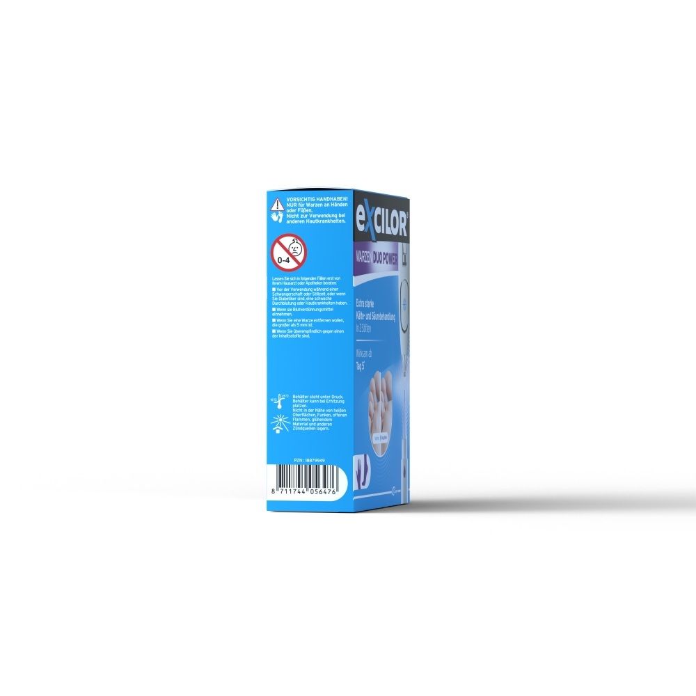 Seitenansicht der Excilor Warzen Duo Power Verpackung mit Warnhinweisen.