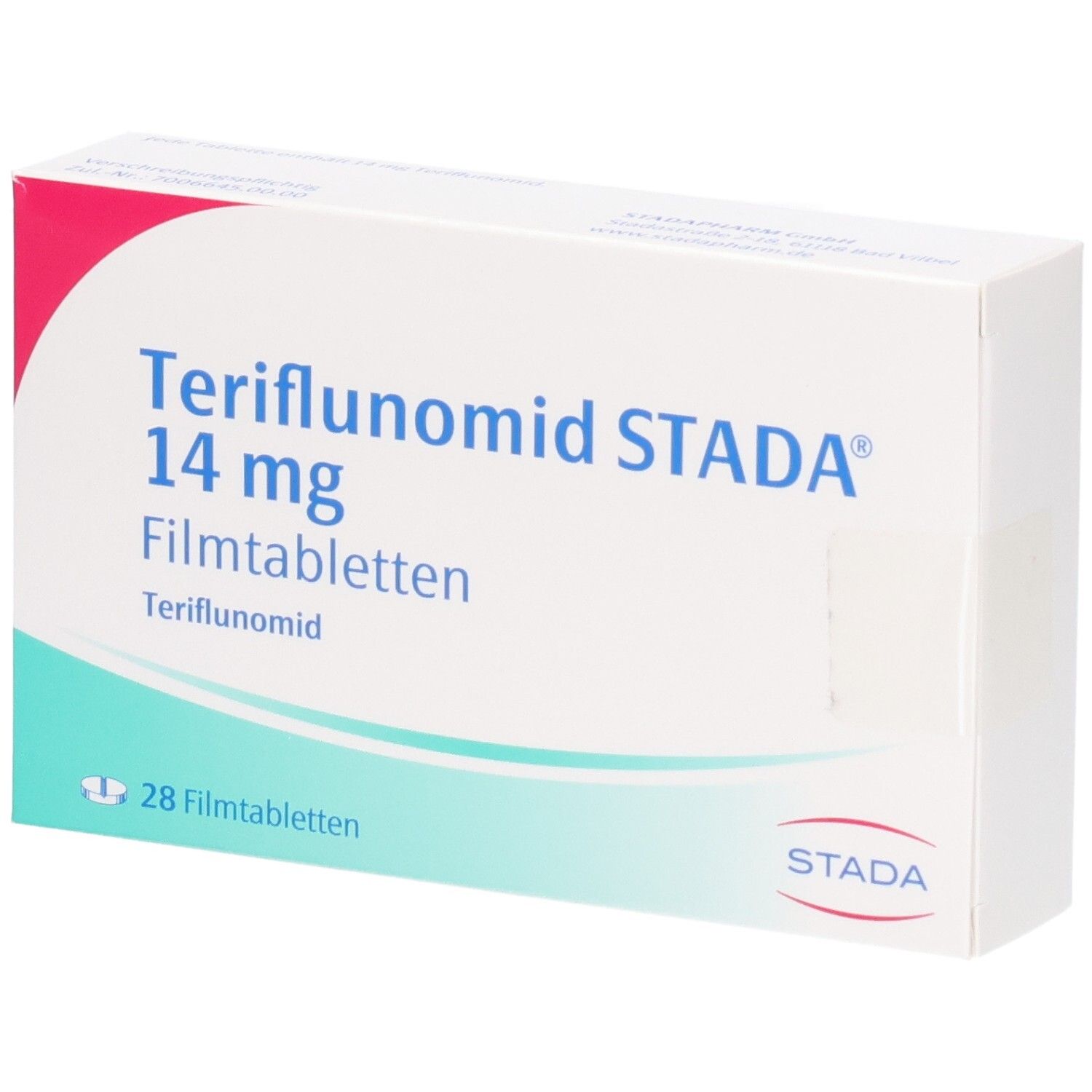 Packung Teriflunomid STADA 14 mg Filmtabletten, 28 Stück.