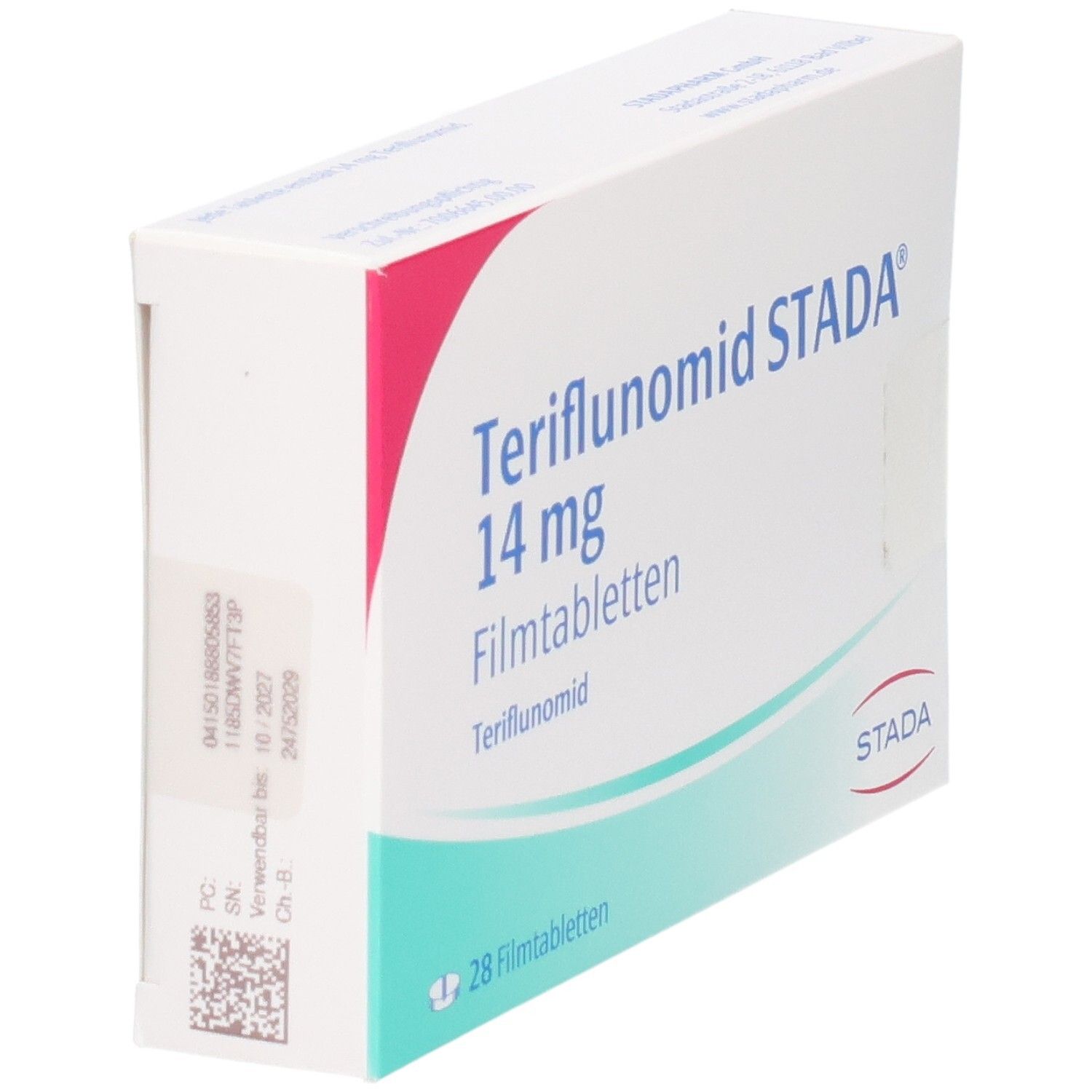 Packung Teriflunomid STADA 14 mg Filmtabletten, 28 Stück, mit Chargennummer und Verfallsdatum.