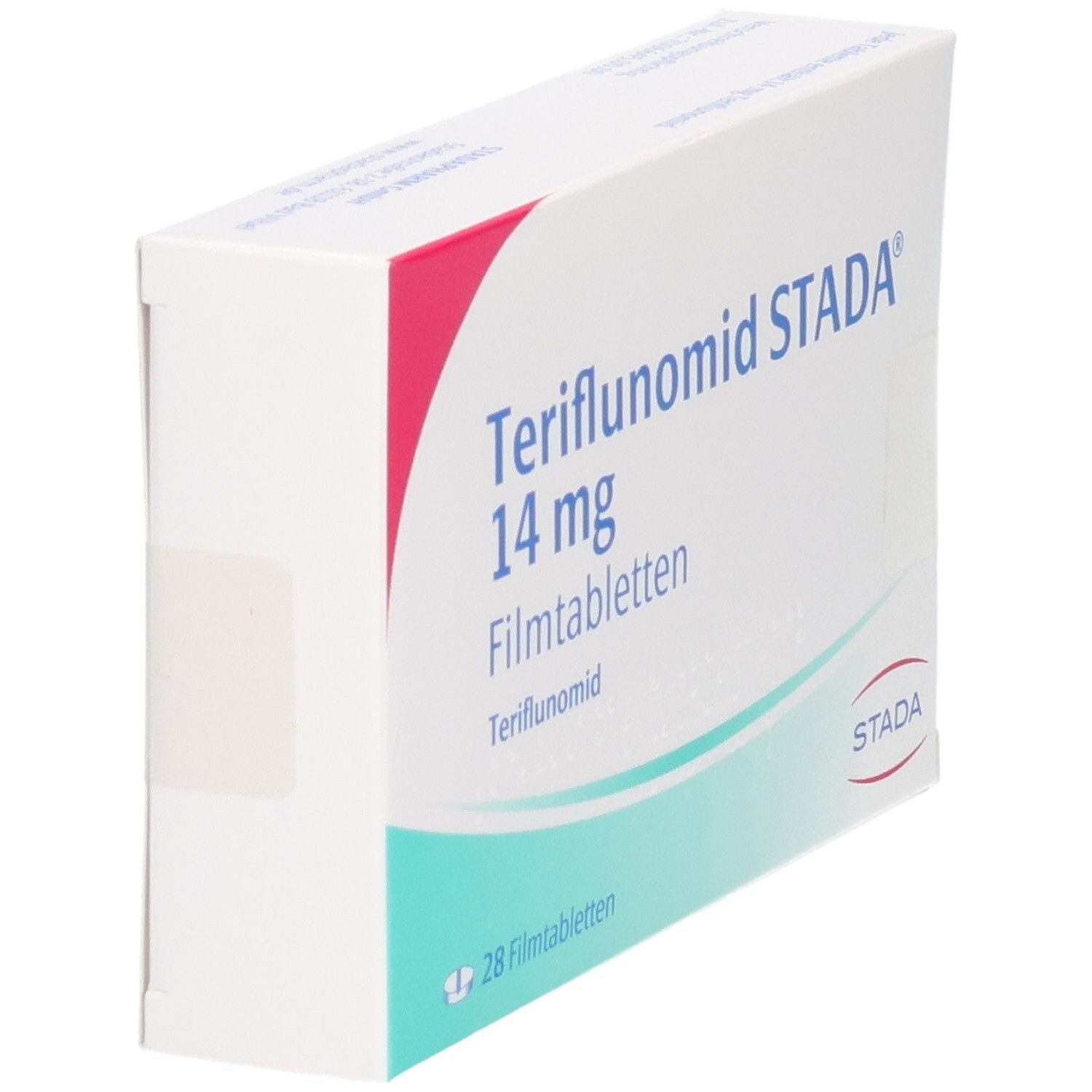 Packung Teriflunomid STADA 14 mg Filmtabletten, 28 Stück, Seitenansicht.