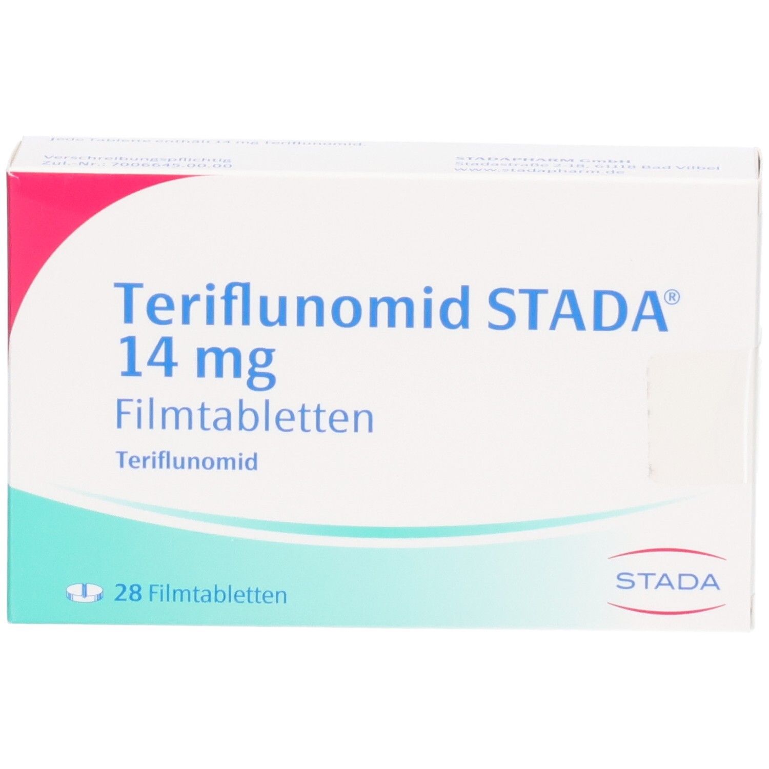 Packung Teriflunomid STADA 14 mg Filmtabletten, 28 Stück.