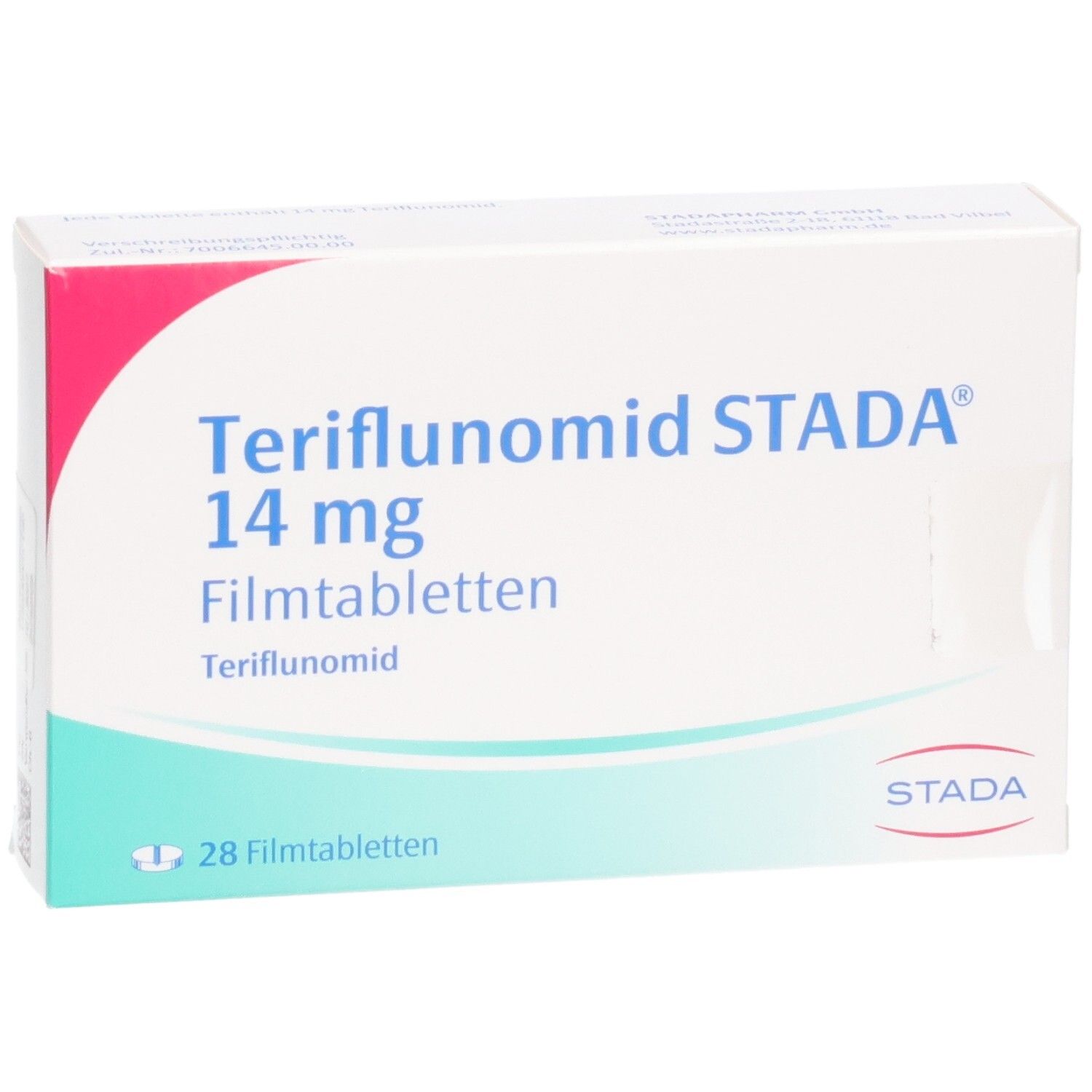 Packung Teriflunomid STADA 14 mg Filmtabletten, 28 Stück.