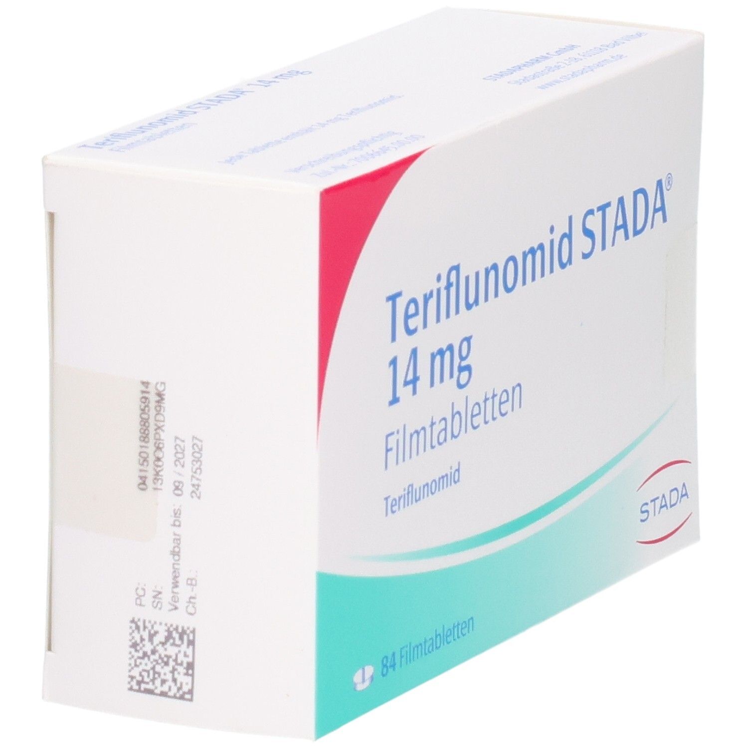 Packung Teriflunomid STADA 14 mg Filmtabletten, 84 Stück, Seitenansicht.