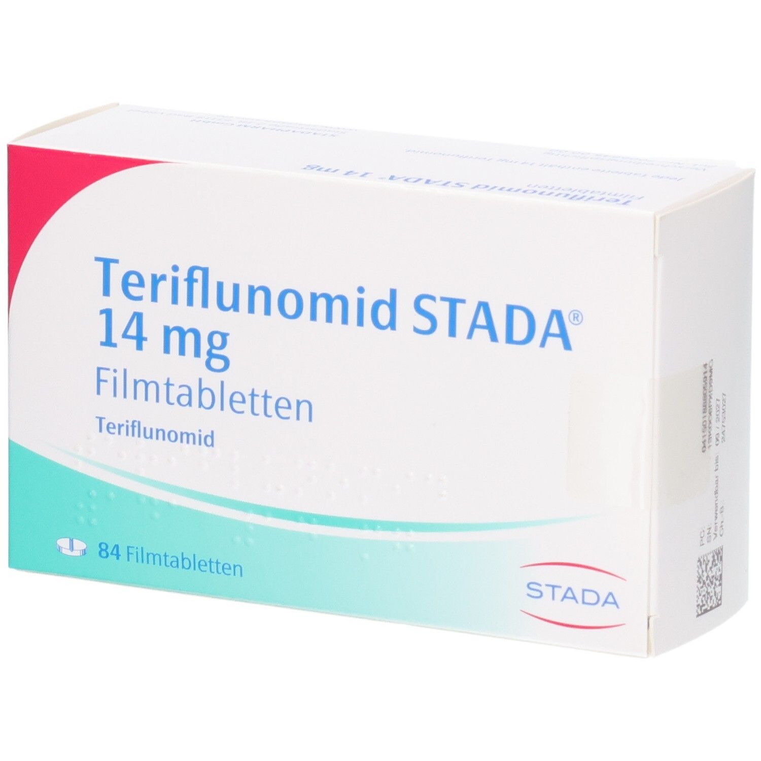 Packung Teriflunomid STADA 14 mg Filmtabletten, 84 Stück, Vorder- und Seitenansicht.