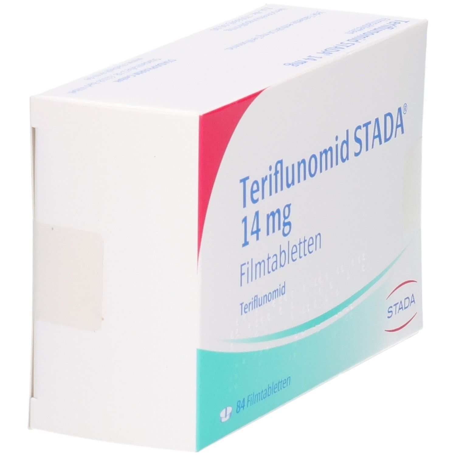 Packung Teriflunomid STADA 14 mg Filmtabletten, 84 Stück, schräge Ansicht.