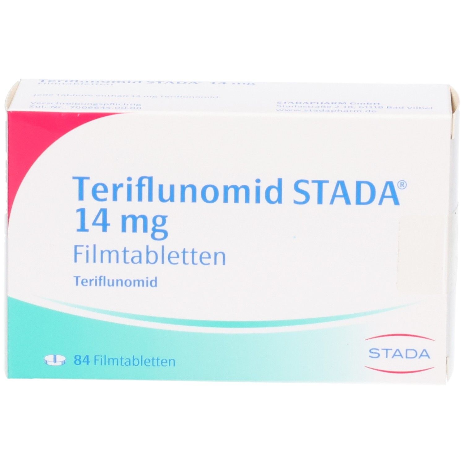 Packung Teriflunomid STADA 14 mg Filmtabletten, 84 Stück, Rückseitenansicht mit Details.