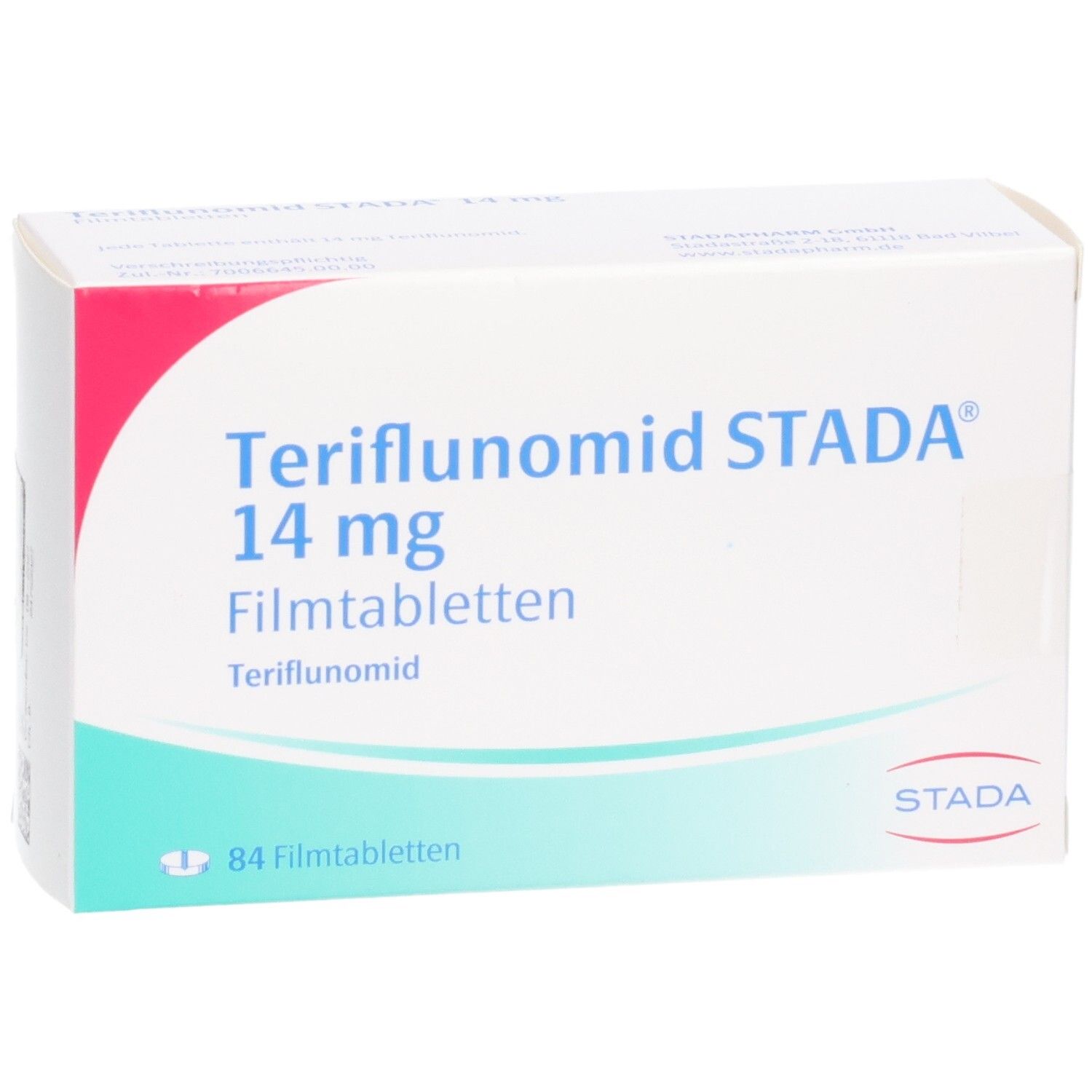 Packung Teriflunomid STADA 14 mg Filmtabletten, 84 Stück, Vorderansicht.