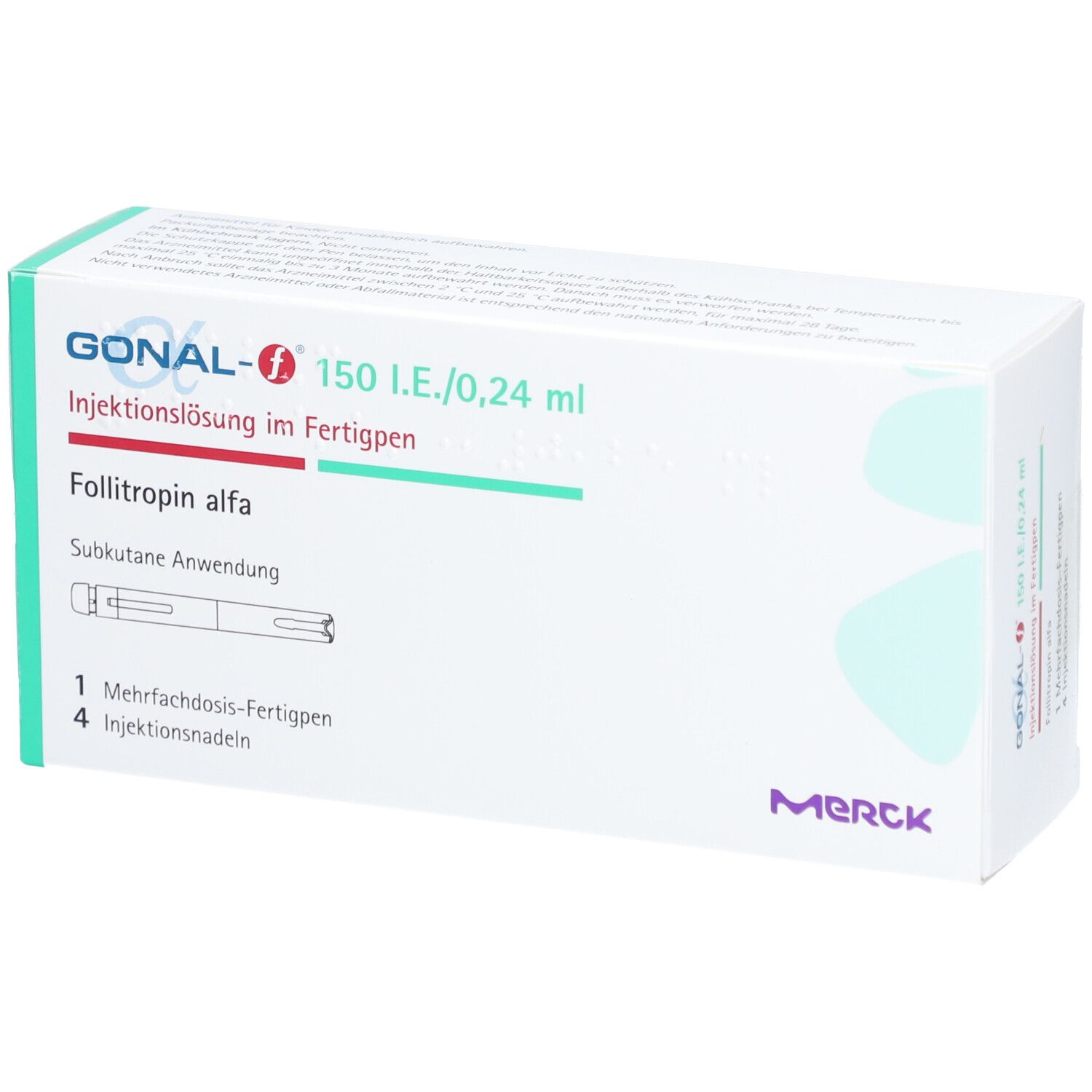 Verpackung von GONAL-f 150 I.E./0,24 ml Fertigpen. Weiß, grün und rot. Schriftzug: GONAL-f, Merck.