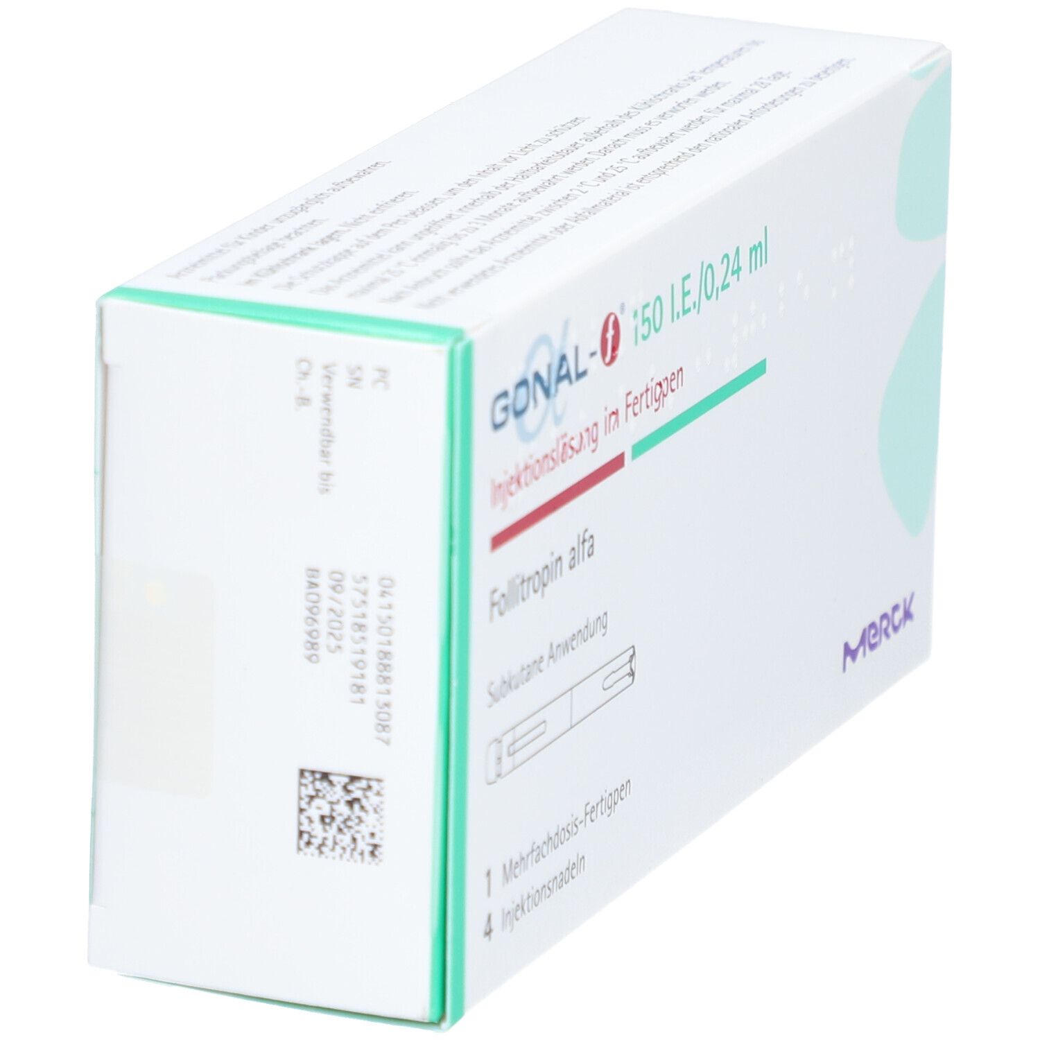 Schrägansicht der Verpackung von GONAL-f. Weiß, grün und rot. Schriftzug: GONAL-f, Merck. QR-Code.