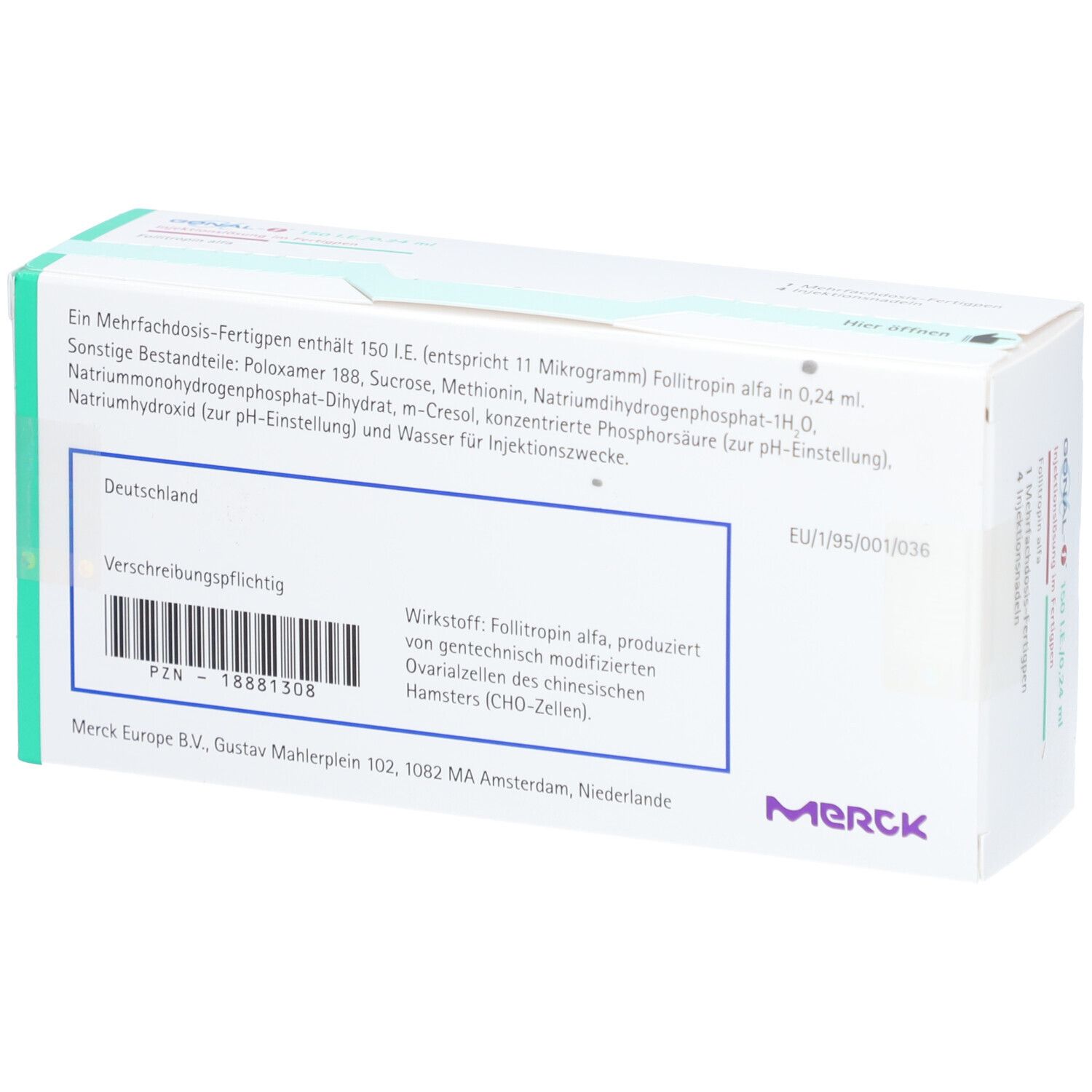 Rückseite der Verpackung von GONAL-f. Weiß, grün. Text: Wirkstoff, Hersteller, PZN-Nummer, EU-Kennung.