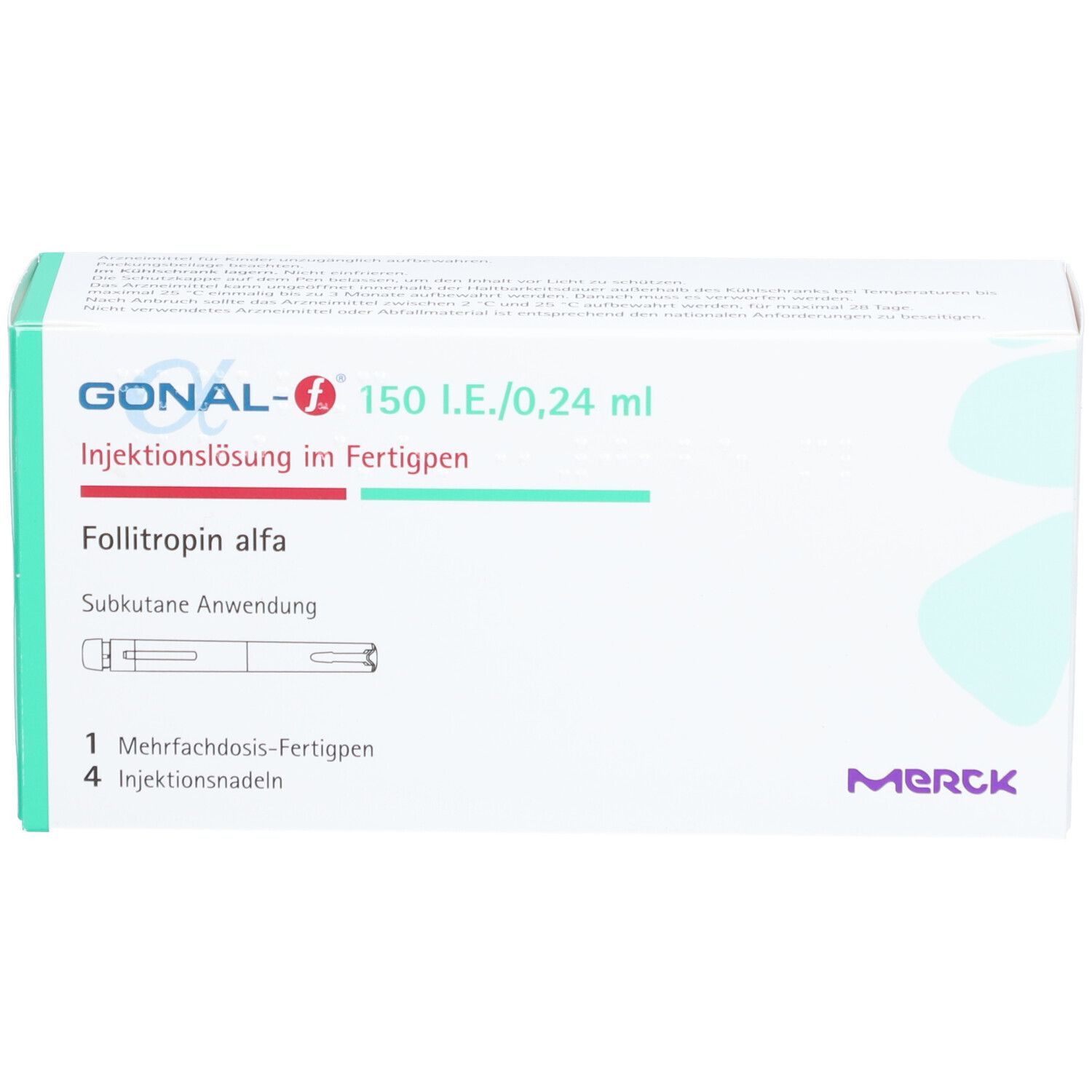 Verpackung von GONAL-f 150 I.E./0,24 ml Fertigpen. Weiß, grün und rot. Schriftzug: GONAL-f, Merck.