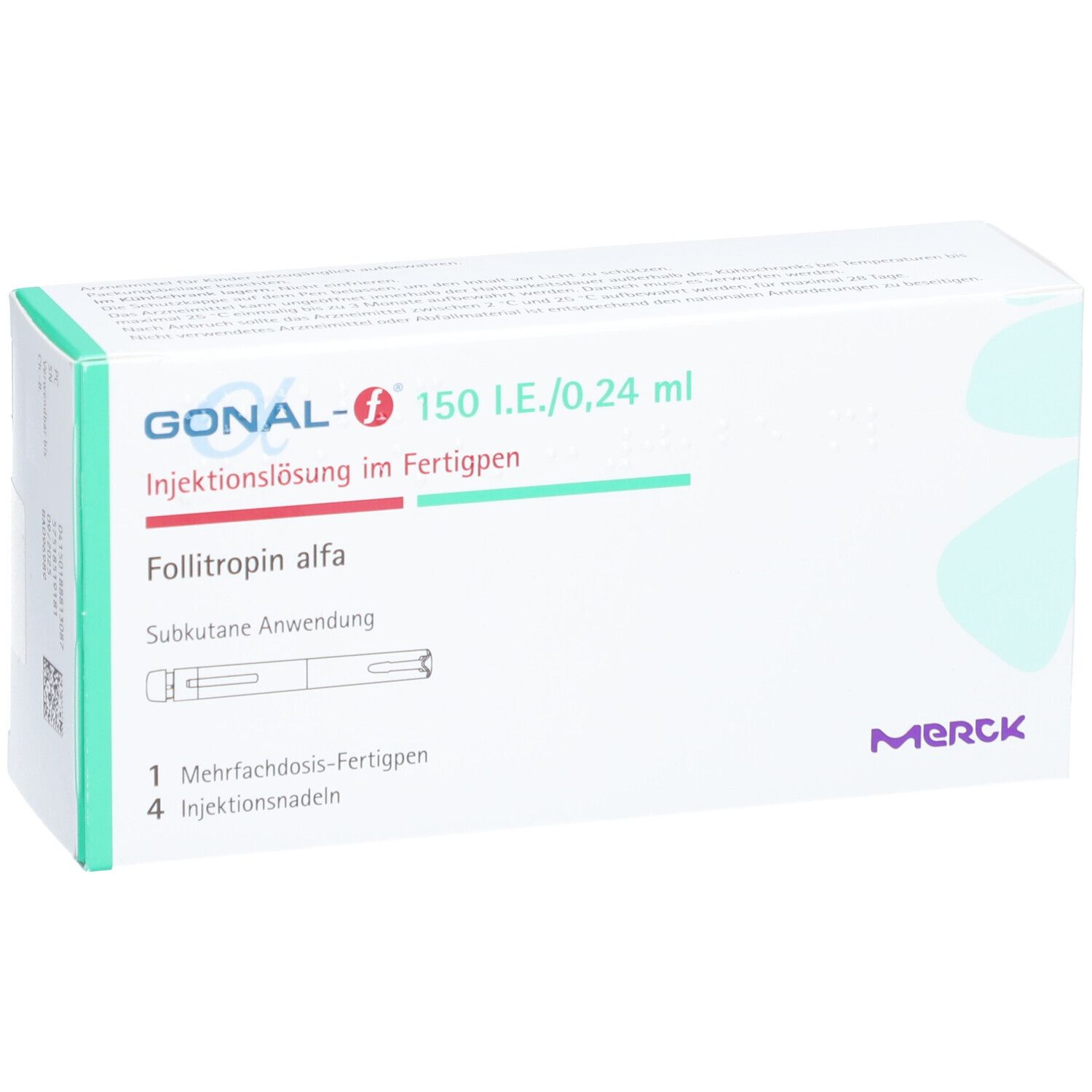 Verpackung von GONAL-f 150 I.E./0,24 ml Fertigpen. Weiß, grün und rot. Schriftzug: GONAL-f, Merck.