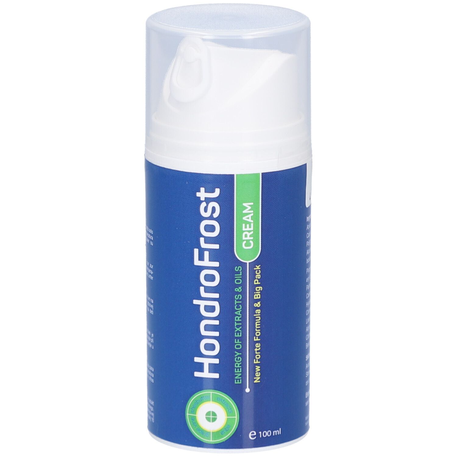 HondroFrost Creme in einem blauen Spender mit weißem Pumpspender. 100 ml.