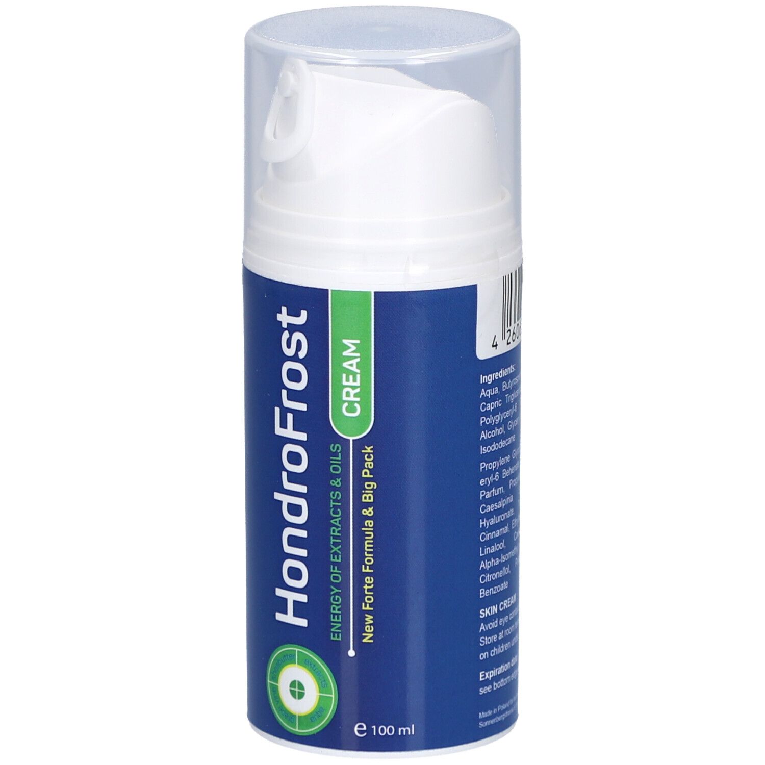 HondroFrost Cream Spender mit 100 ml Inhalt. Blaue Flasche mit weißem Pumpspender und Klarsichtkappe. Enthält Inhaltsstoffe wie Aqua, Silybum Marianum.
