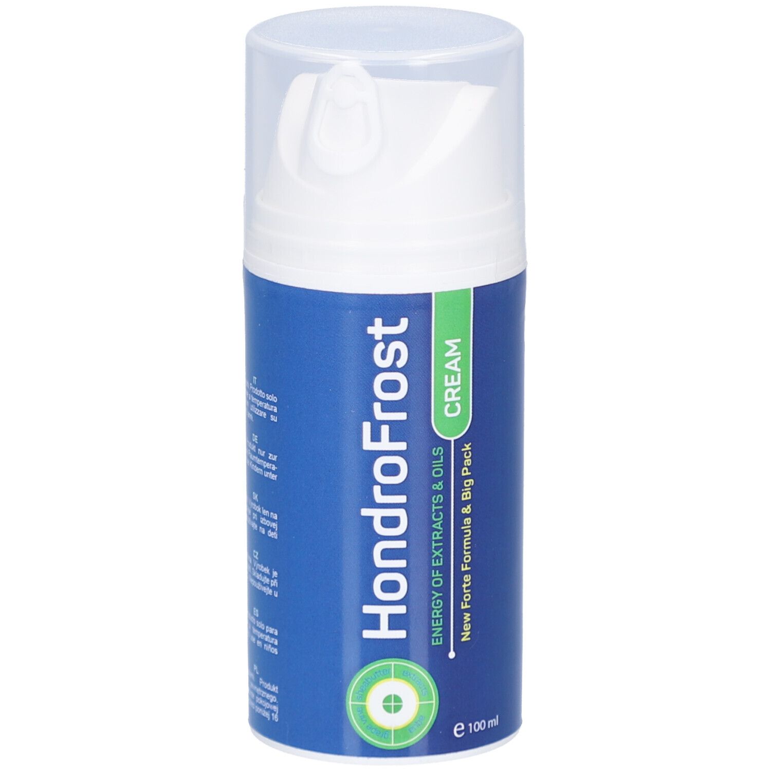 HondroFrost Creme in blauer Flasche mit weißem Pumpspender, 100ml.