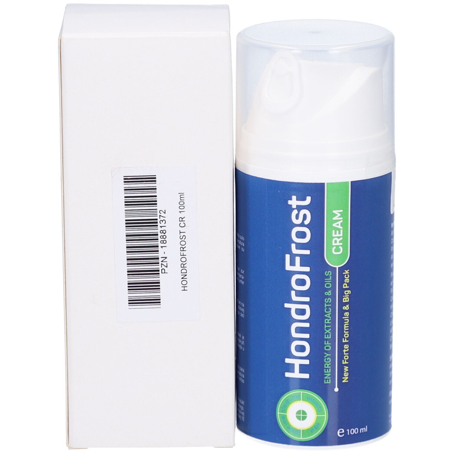 HondroFrost Creme in einer blauen Flasche mit Pumpspender. Beiliegende weiße Verpackung mit Barcode.