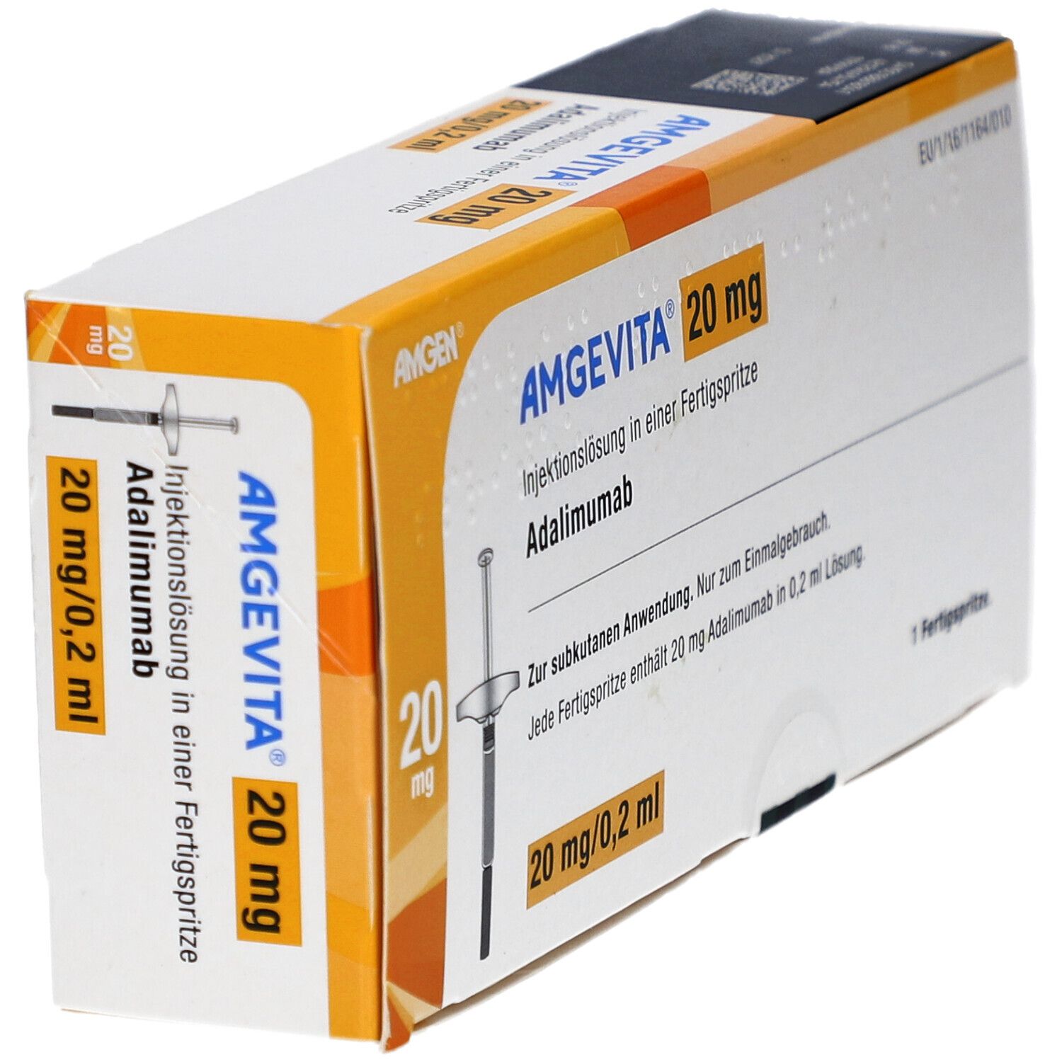 AMGEVITA 20 mg Verpackung, schräg. Text: AMGEVITA, 20 mg/0,2 ml, Adalimumab. Eine Fertigspritze.