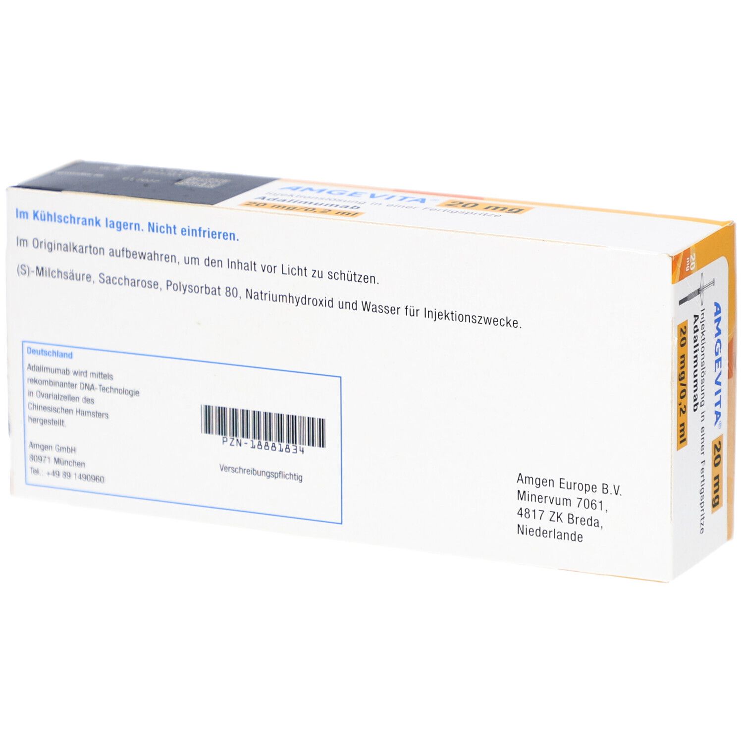 Rückseite der AMGEVITA 20 mg Verpackung. Text: Inhaltsstoffe, Herstellerinformationen, Chargennummer, Verfallsdatum.