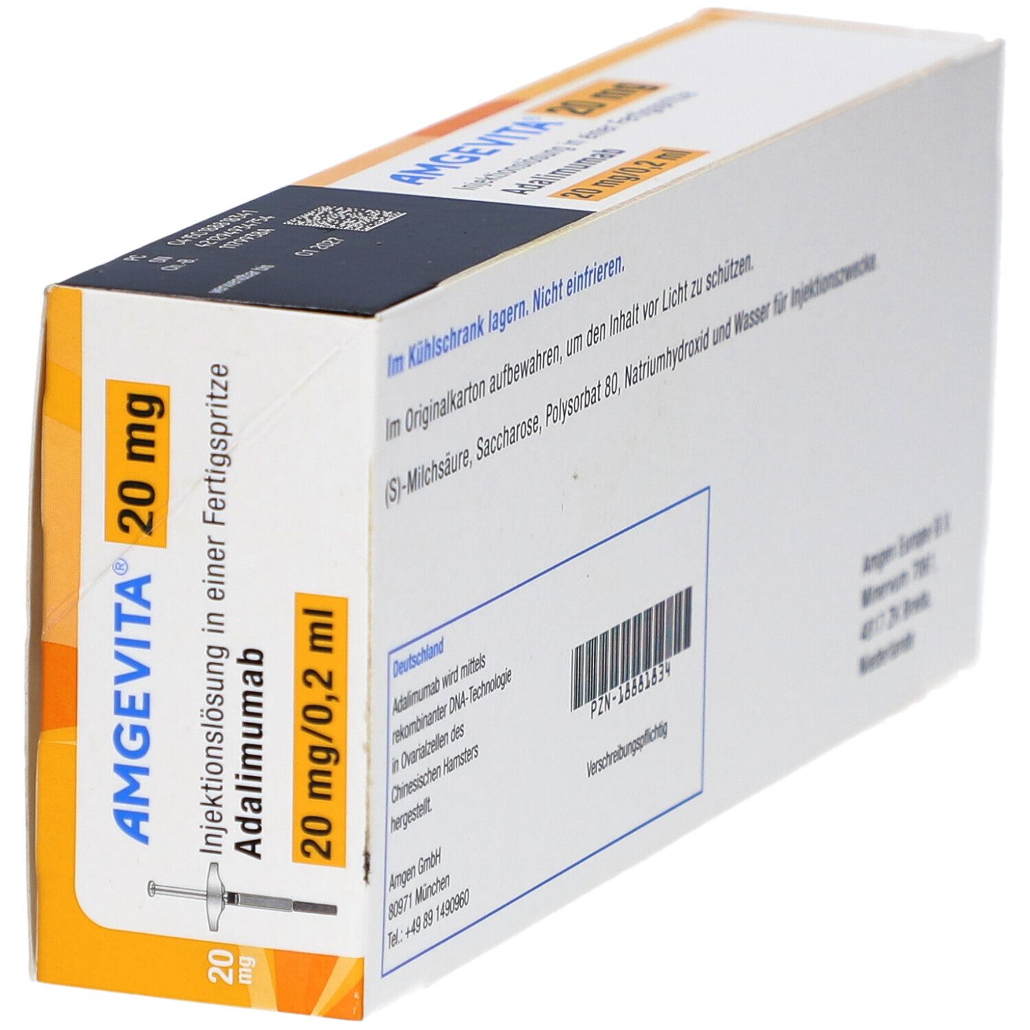AMGEVITA 20 mg Verpackung, schräg. Text: AMGEVITA, 20 mg/0,2 ml, Adalimumab. Chargennummer, Verfallsdatum.
