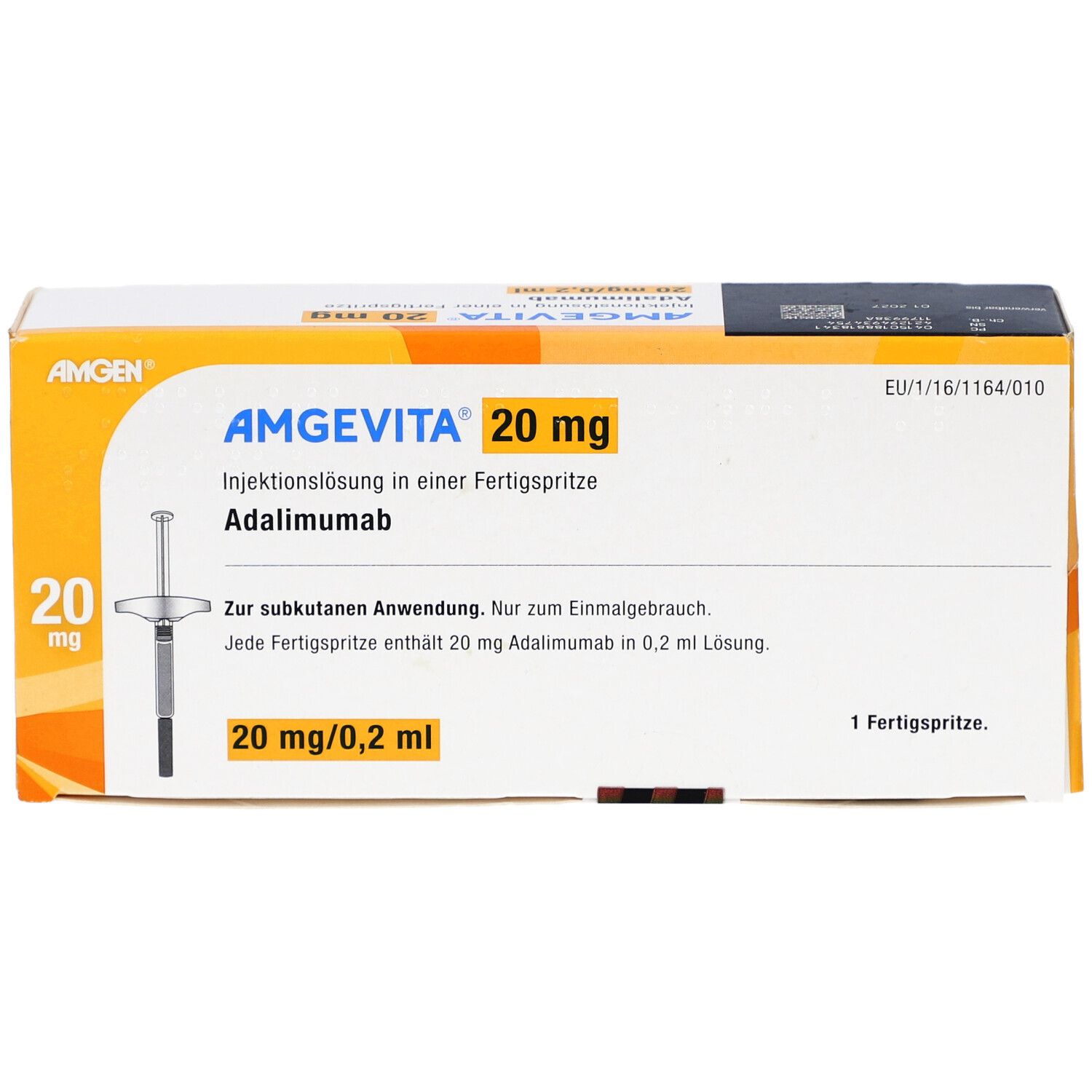 AMGEVITA 20 mg Fertigspr., gelb-weiße Verpackung. Text: AMGEVITA, 20 mg/0,2 ml, Adalimumab. Eine Fertigspritze.