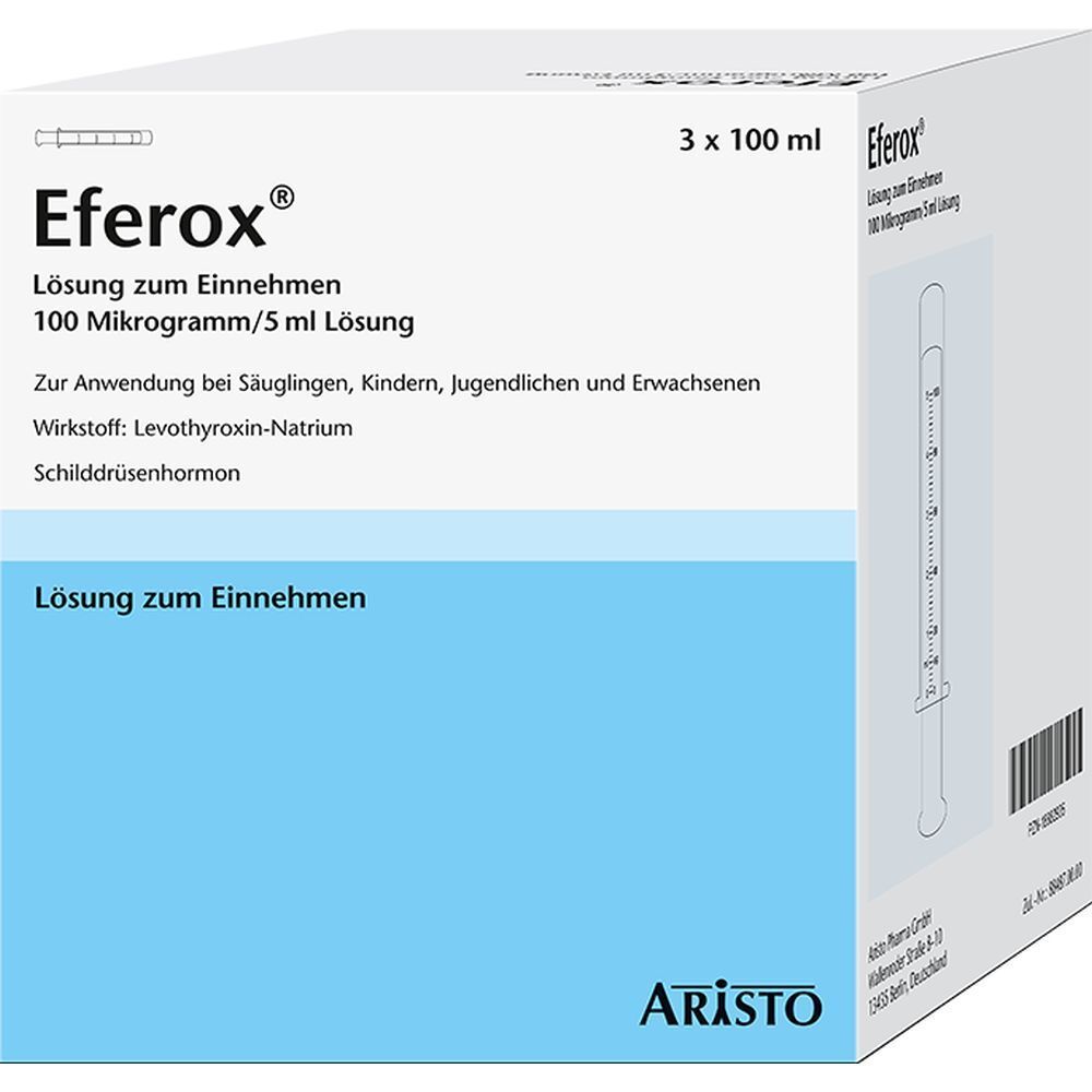 EFEROX Lösung zum Einnehmen, Packung. Enthält eine Spritze. Aufschrift: 100 Mikrogramm/5 ml Lösung. Herstellerlogo.
