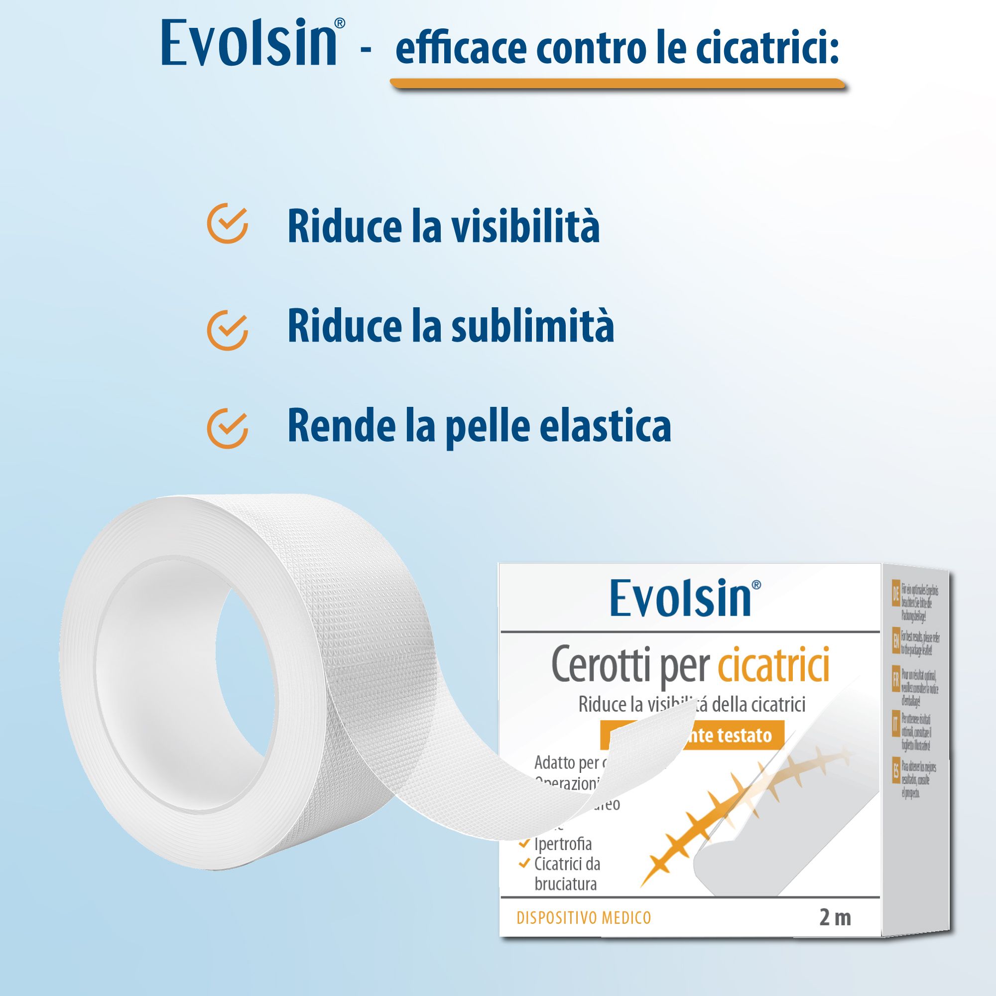 Narbenpflaster-Rolle und Verpackung. Reduziert Sichtbarkeit, Erhabenheit und macht die Haut elastisch. 2 m Rolle.