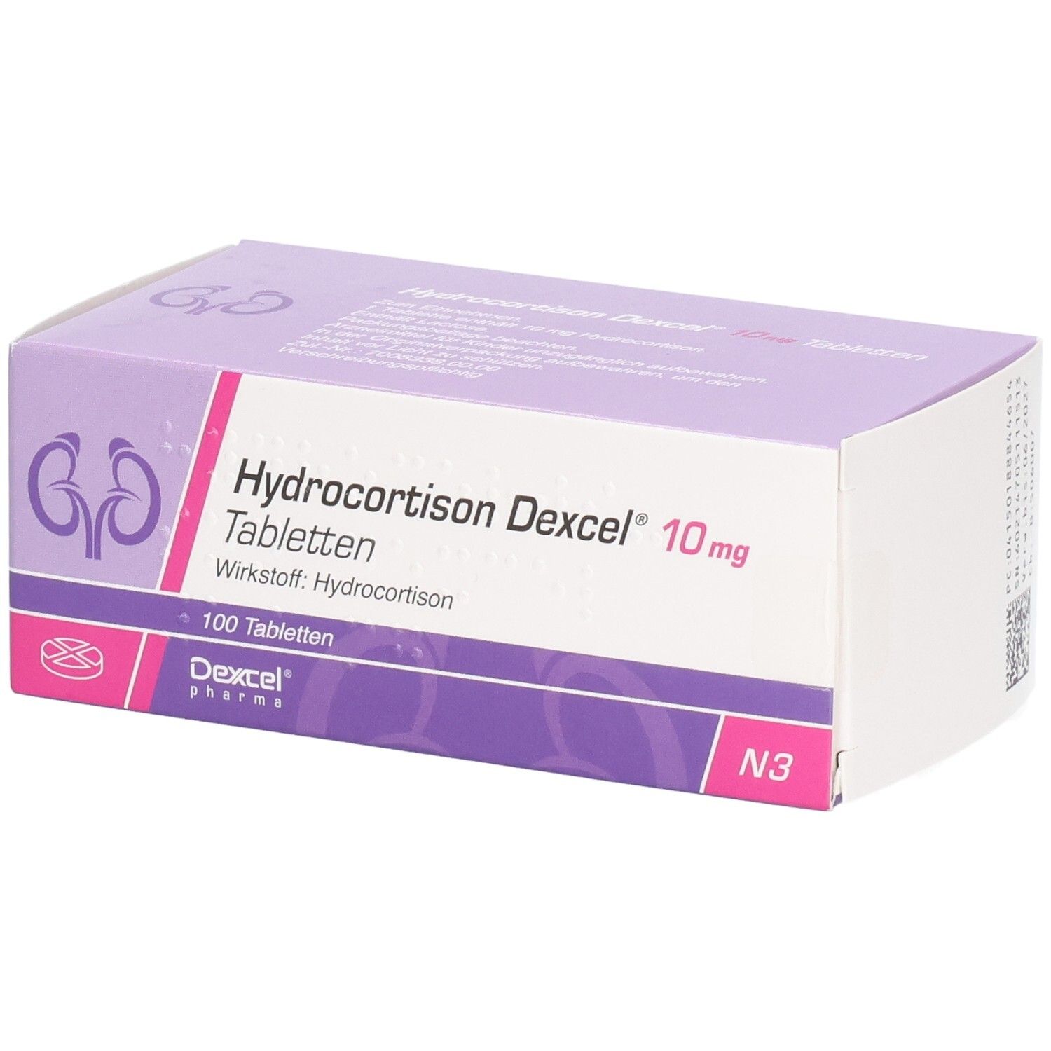 Schachtel mit Hydrocortison Dexcel 10 mg Tabletten. Lila-weiße Verpackung mit Produktinformationen und Logo.