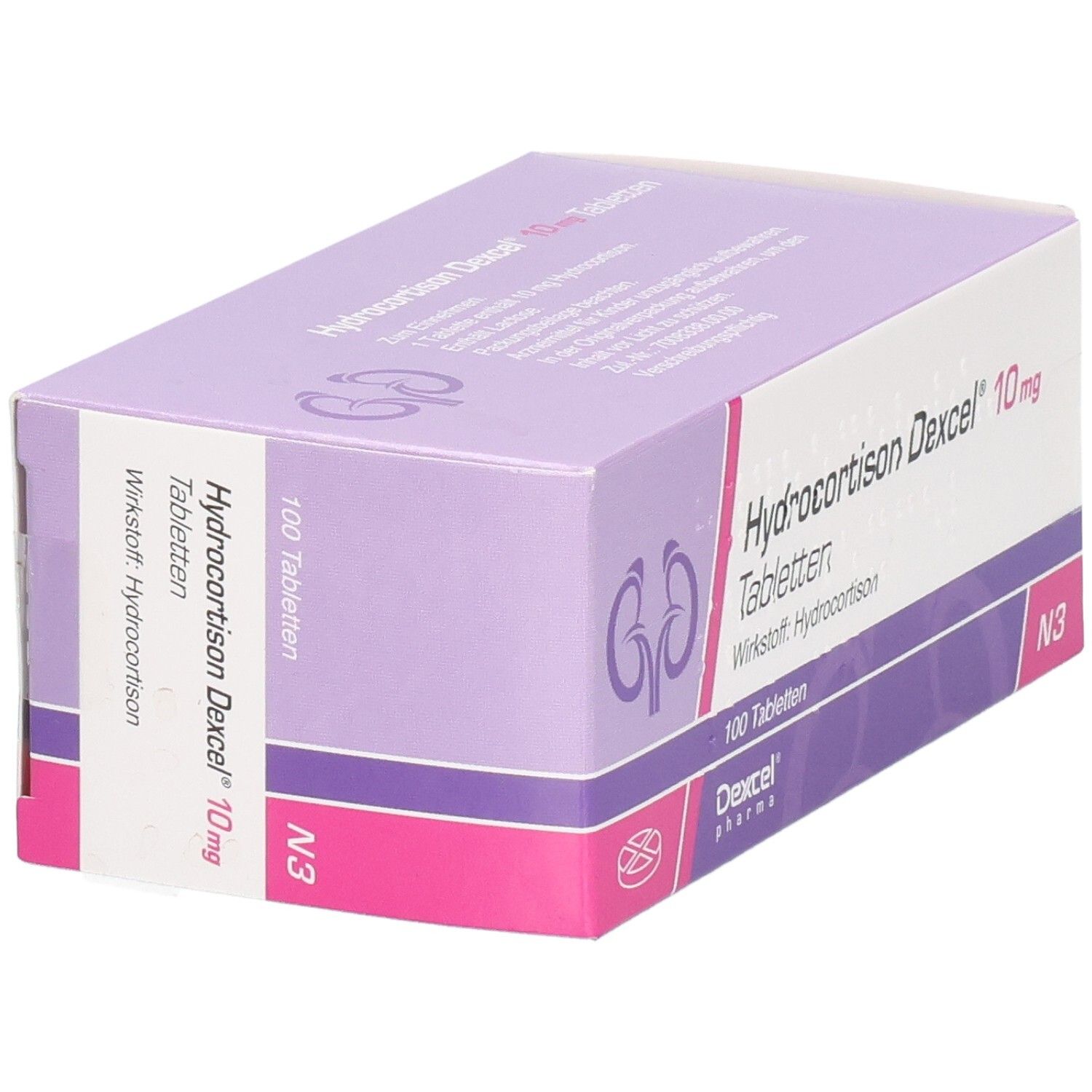 Schachtel mit Hydrocortison Dexcel 10 mg Tabletten. Ansicht von der Seite, lila-weiße Verpackung.