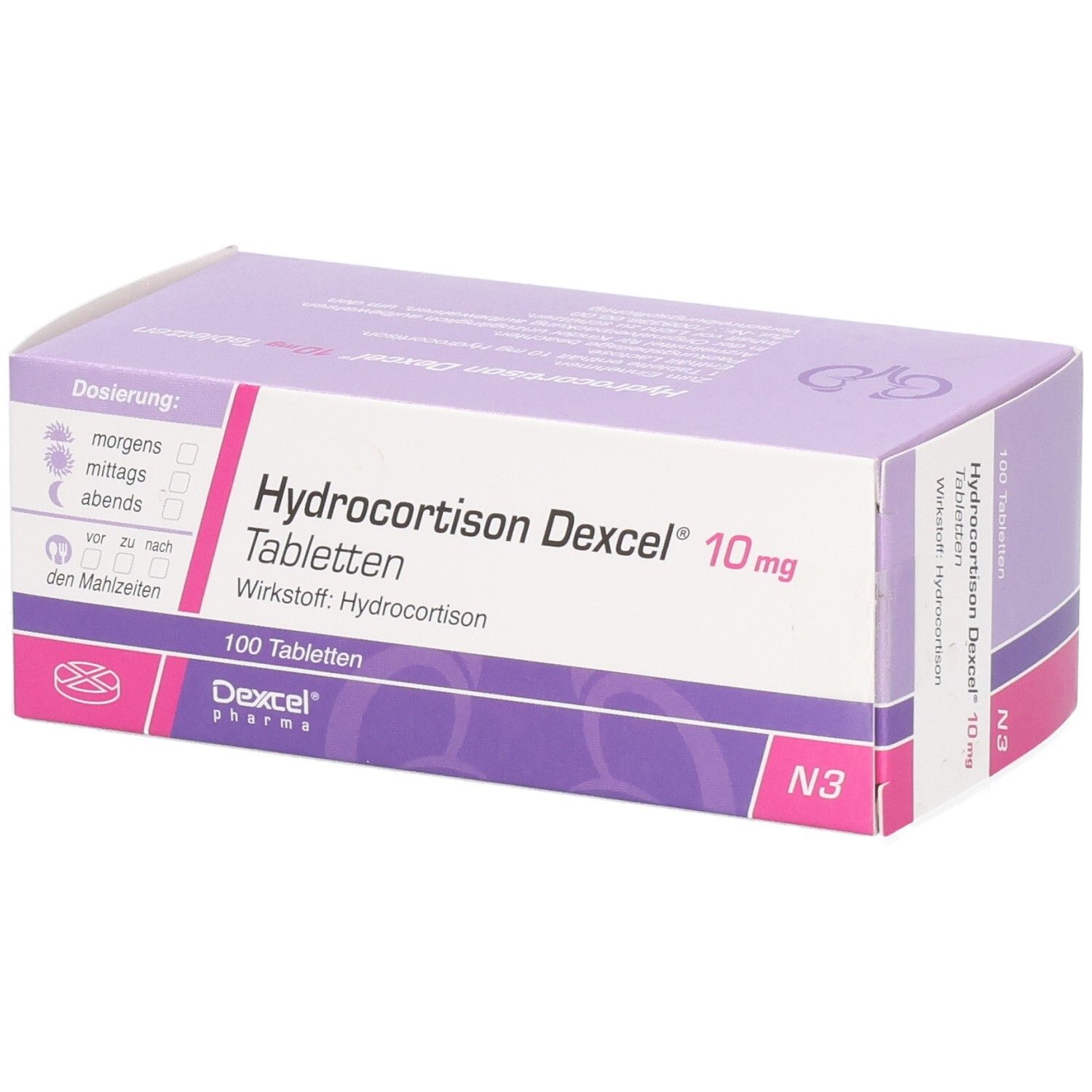 Schachtel mit Hydrocortison Dexcel 10 mg Tabletten. Verpackung mit Dosierungsangaben und Produktinformationen.
