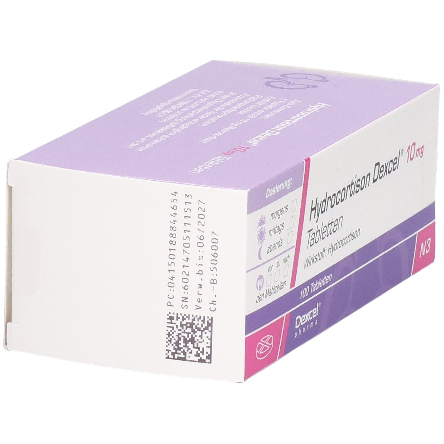 Schachtel mit Hydrocortison Dexcel 10 mg Tabletten. Rückseite mit Informationen und Barcode.