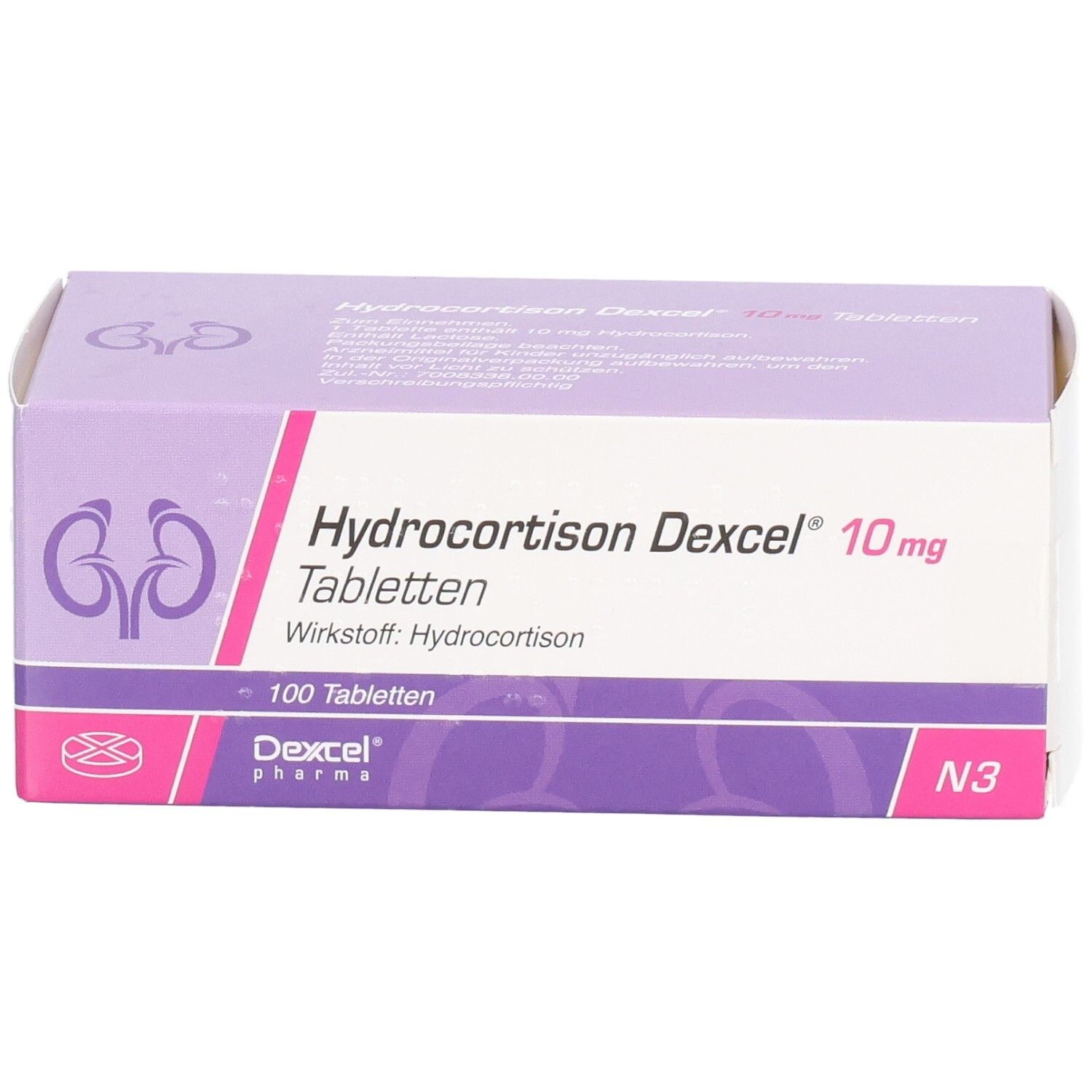 Schachtel mit Hydrocortison Dexcel 10 mg Tabletten. Ansicht von oben, lila-weiße Verpackung.