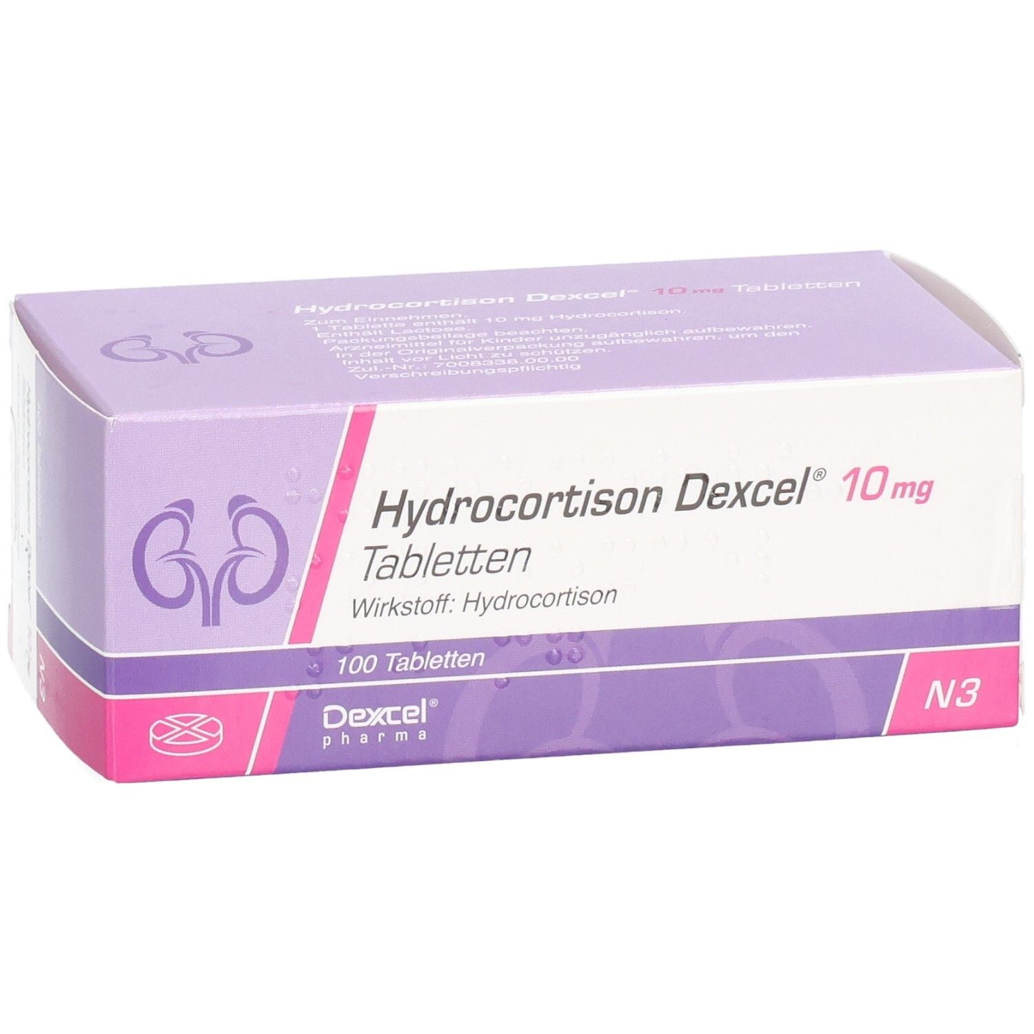 Schachtel mit Hydrocortison Dexcel 10 mg Tabletten. Vorderansicht, lila-weiße Verpackung.