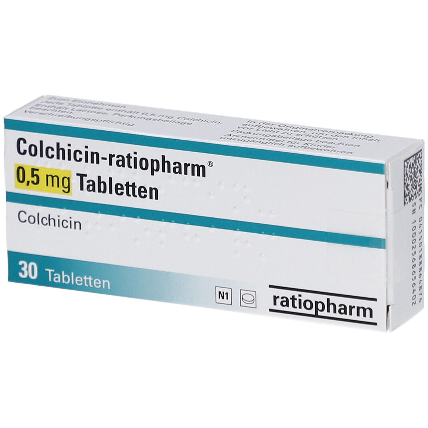 Schachtel mit COLCHICIN-ratiopharm 0,5 mg Tabletten. Aufschrift: 30 Tabletten. Logo ratiopharm. Weiße Verpackung mit blauen Streifen.