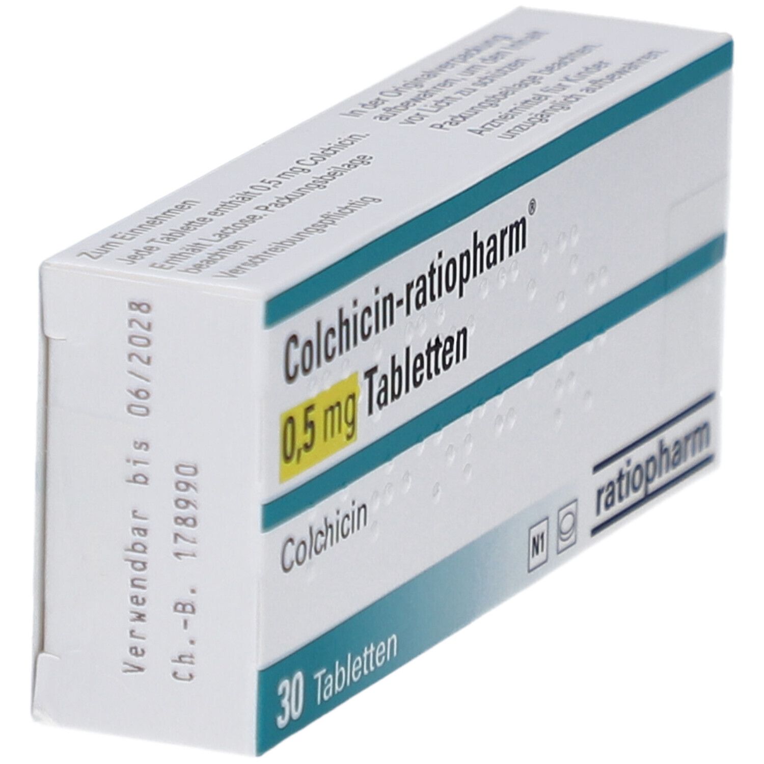 Schachtel COLCHICIN-ratiopharm 0,5 mg Tabletten. Aufschrift: 30 Tabletten. Logo ratiopharm. Weiße Verpackung mit blauen Streifen. Verfallsdatum.