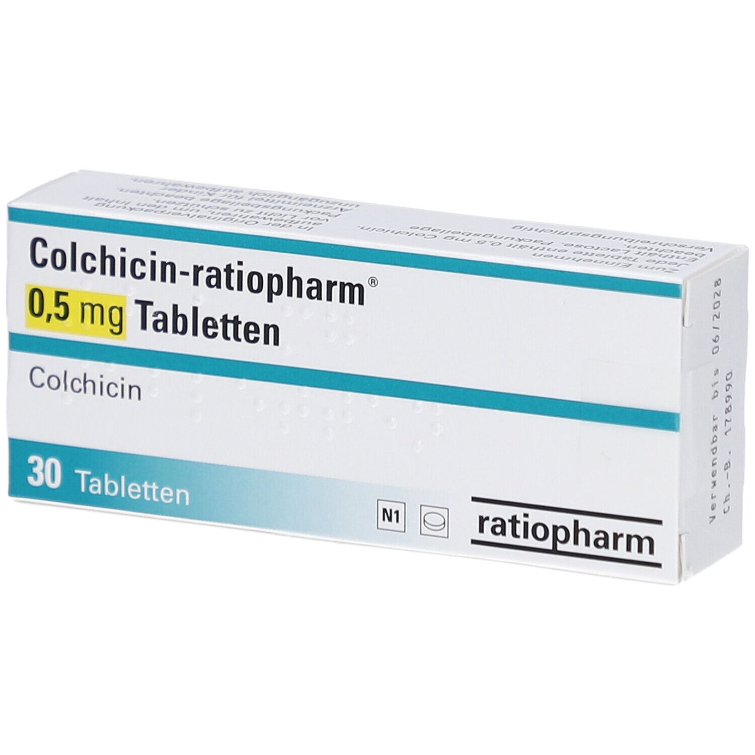 Schachtel mit COLCHICIN-ratiopharm 0,5 mg Tabletten. Aufschrift: 30 Tabletten. Logo ratiopharm. Weiße Verpackung mit blauen Streifen.