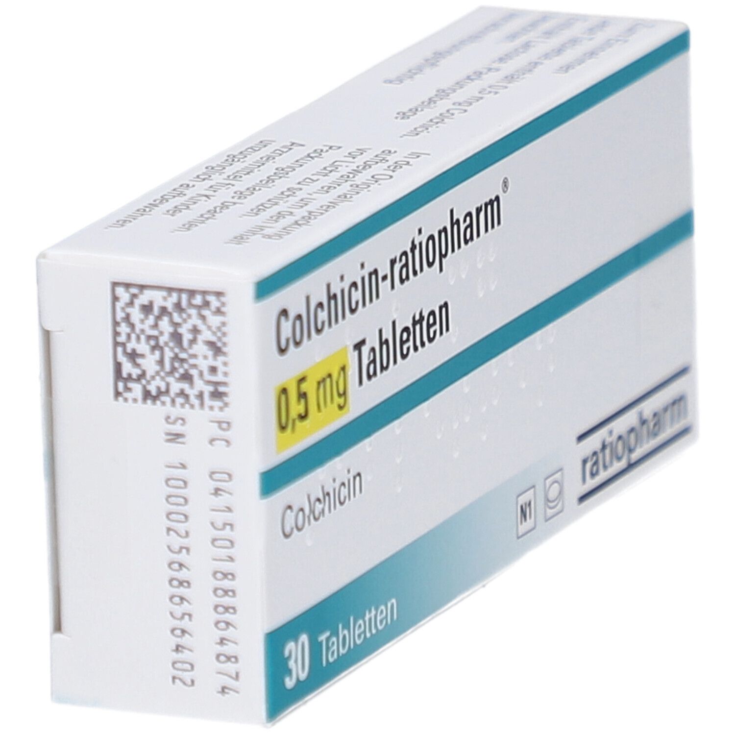 Schachtel mit COLCHICIN-ratiopharm 0,5 mg Tabletten. Aufschrift: 30 Tabletten. Logo ratiopharm. Weiße Verpackung mit blauen Streifen. QR-Code.