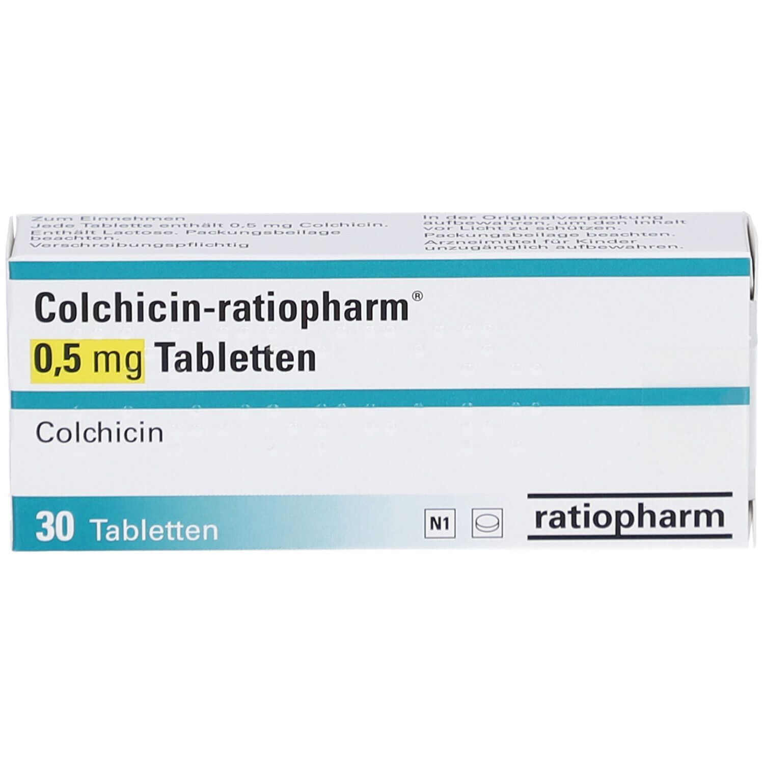 Schachtel mit COLCHICIN-ratiopharm 0,5 mg Tabletten. Aufschrift: 30 Tabletten. Logo ratiopharm. Weiße Verpackung mit blauen Streifen.