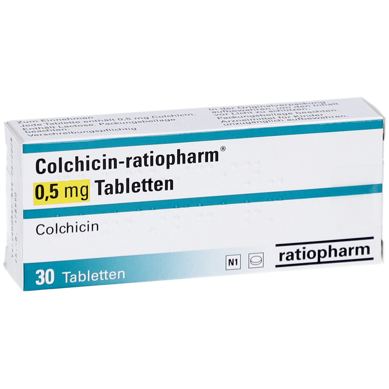 Schachtel mit COLCHICIN-ratiopharm 0,5 mg Tabletten. Aufschrift: 30 Tabletten. Logo ratiopharm. Weiße Verpackung mit gelbem Feld.