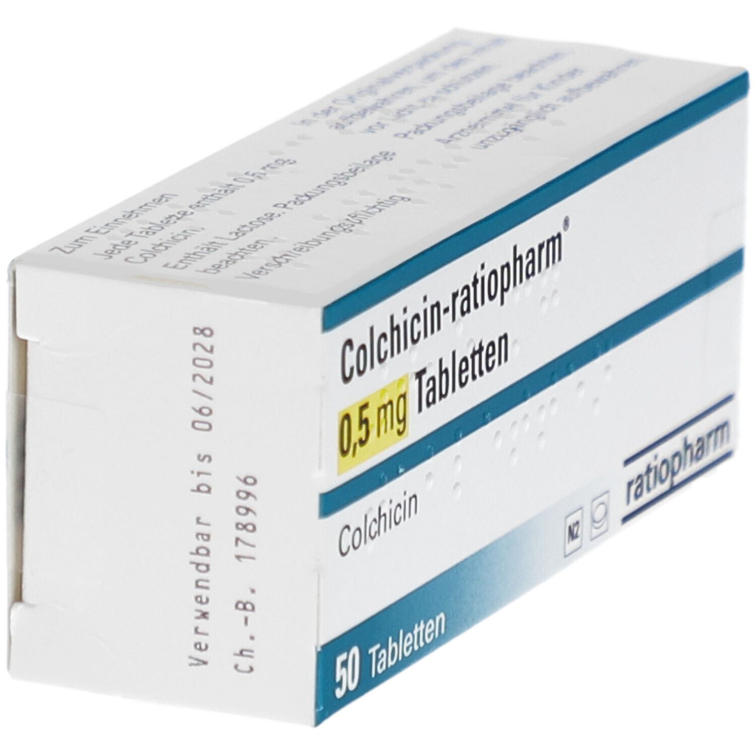 Schachtel COLCHICIN-ratiopharm 0,5 mg Tabletten. Seitenansicht. Aufschrift: 50 Tabletten. Logo ratiopharm.