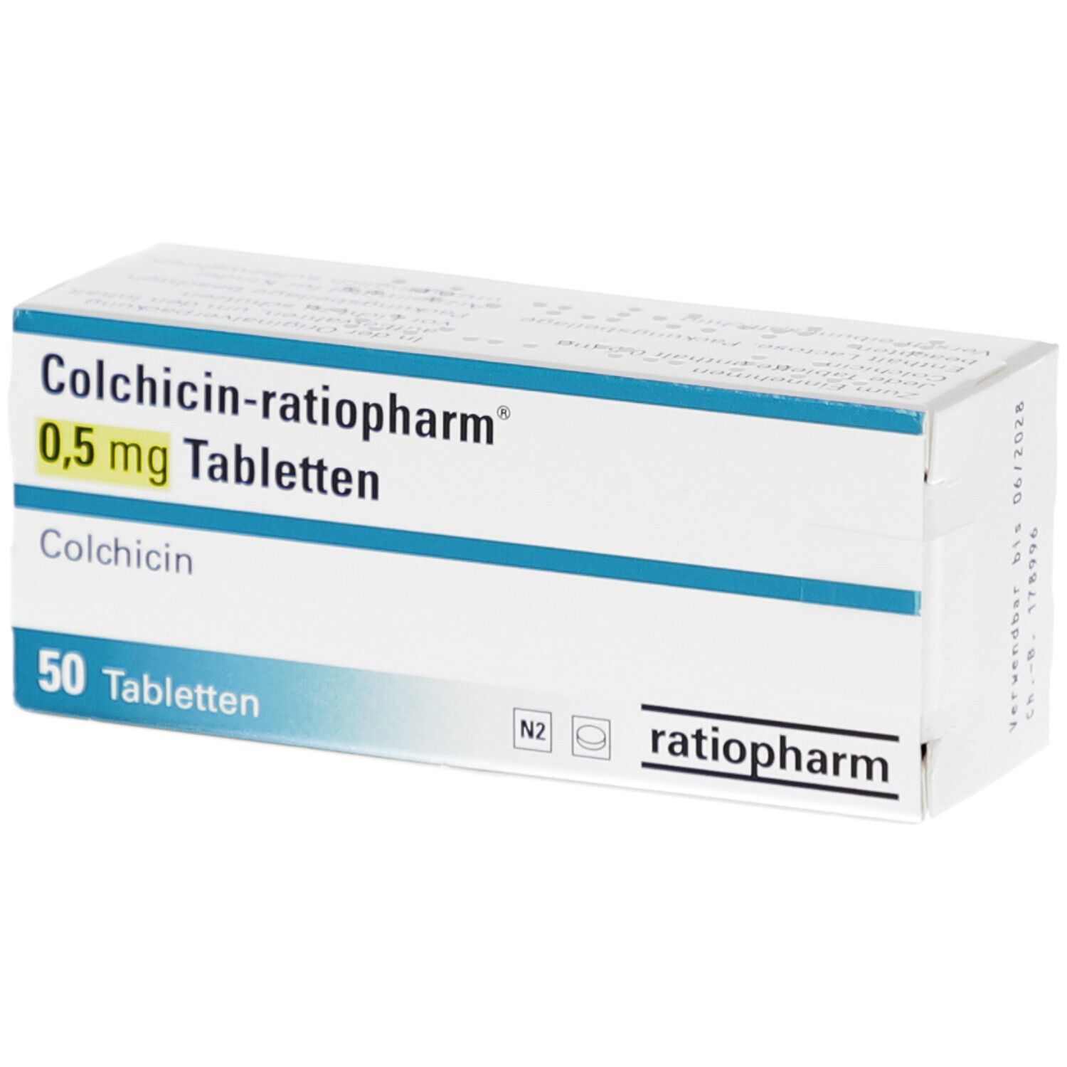 Schachtel mit COLCHICIN-ratiopharm 0,5 mg Tabletten. Aufschrift: 50 Tabletten. Logo ratiopharm.