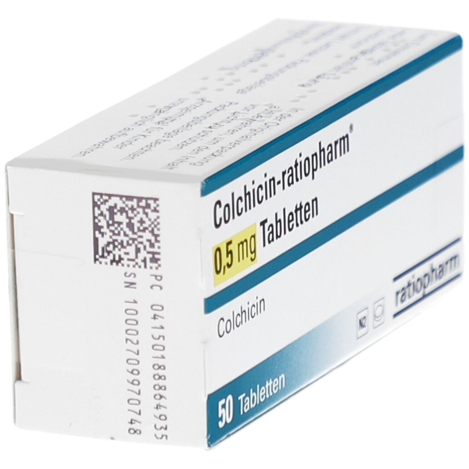 Schachtel COLCHICIN-ratiopharm 0,5 mg Tabletten. Seitenansicht. Aufschrift: 50 Tabletten. Logo ratiopharm.