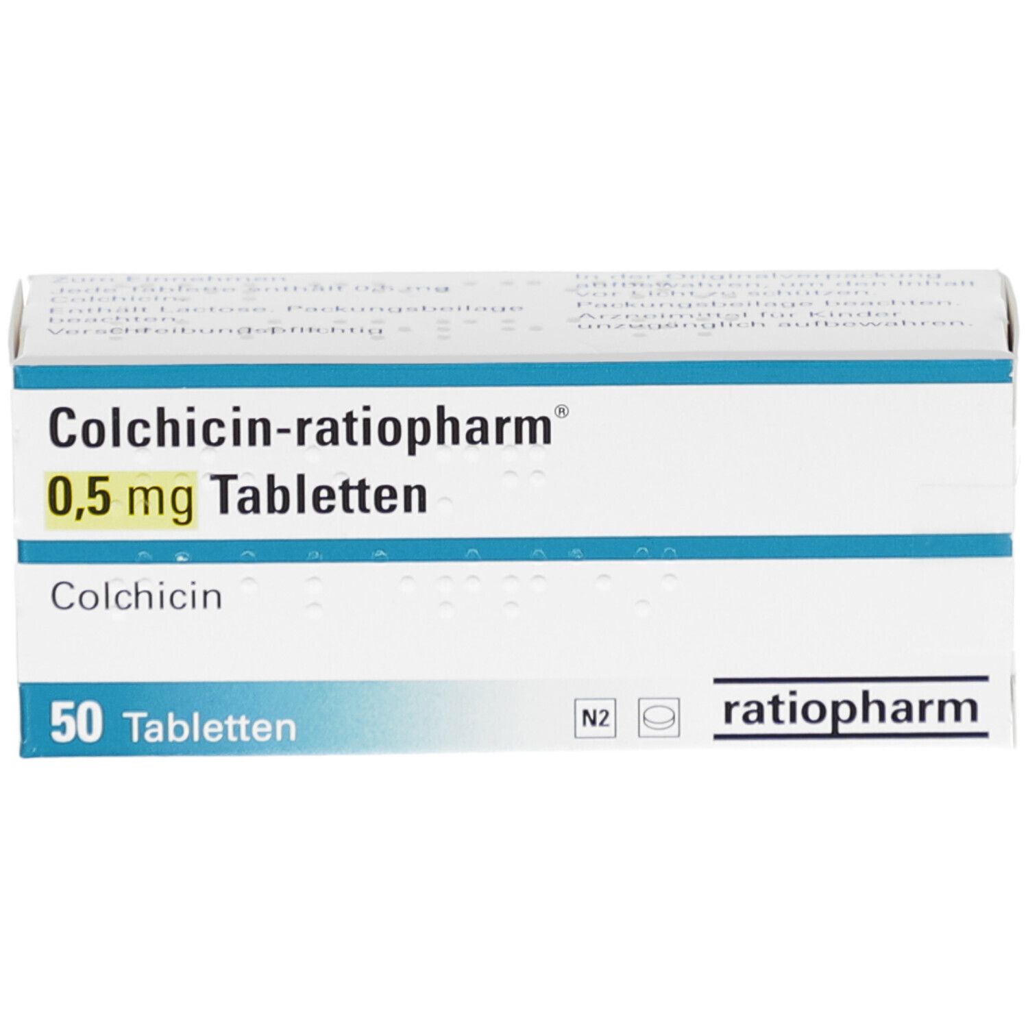 Schachtel mit COLCHICIN-ratiopharm 0,5 mg Tabletten. Aufschrift: 50 Tabletten. Logo ratiopharm.